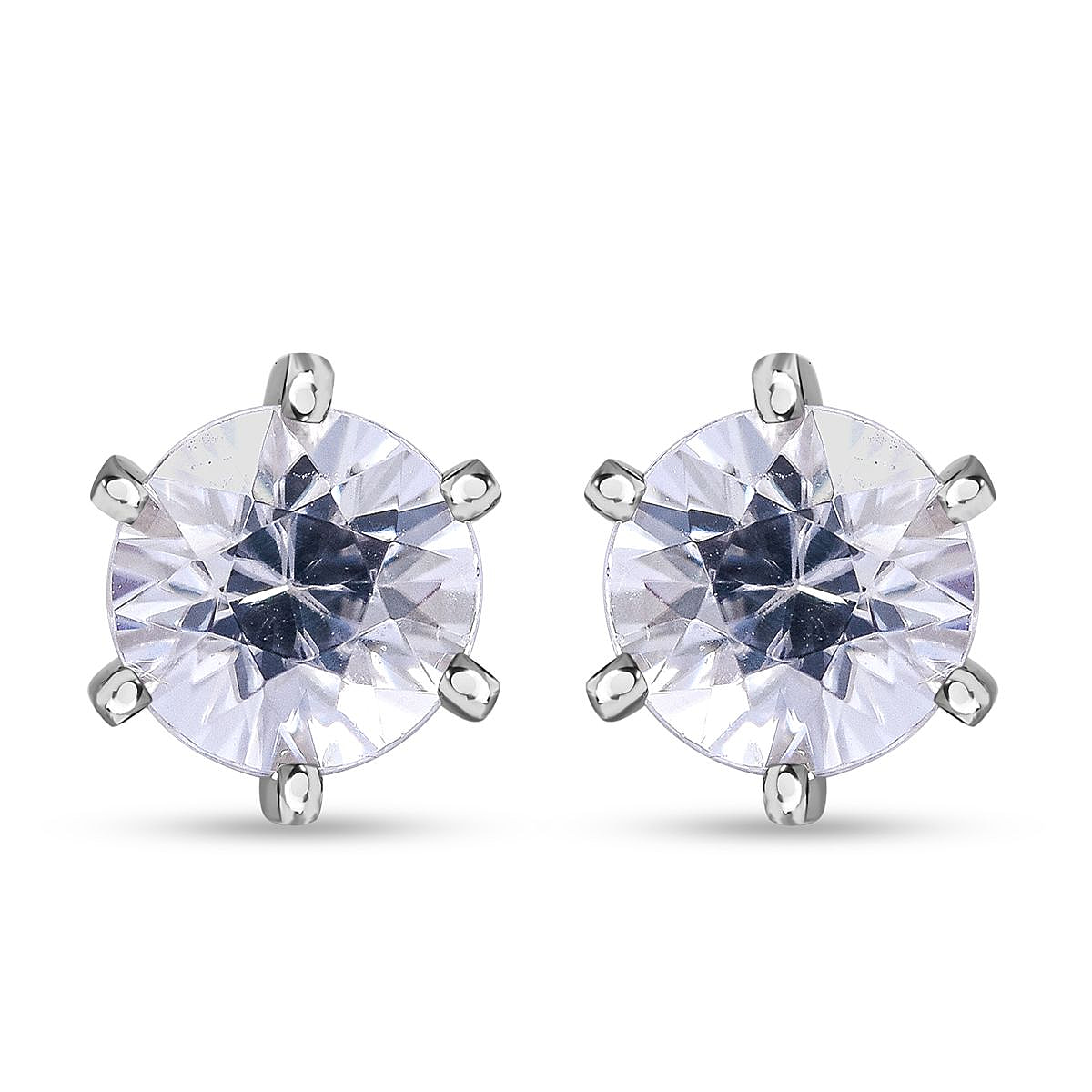 Natural Zircon Solitaire Stud Earrings in Rhodium Overlay Sterling Silver 2.40 Ct.