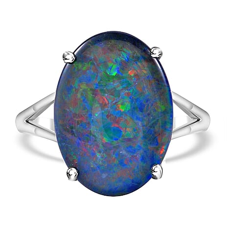 Australian Boulder Opal Solitaire Ring in Rhodium Overlay Sterling Silver 6.41 Ct.