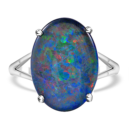 Australian Boulder Opal Solitaire Ring in Rhodium Overlay Sterling Silver 6.41 Ct
