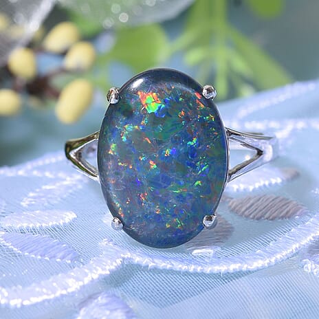 Australian Boulder Opal Solitaire Ring in Rhodium Overlay Sterling Silver 6.41 Ct.