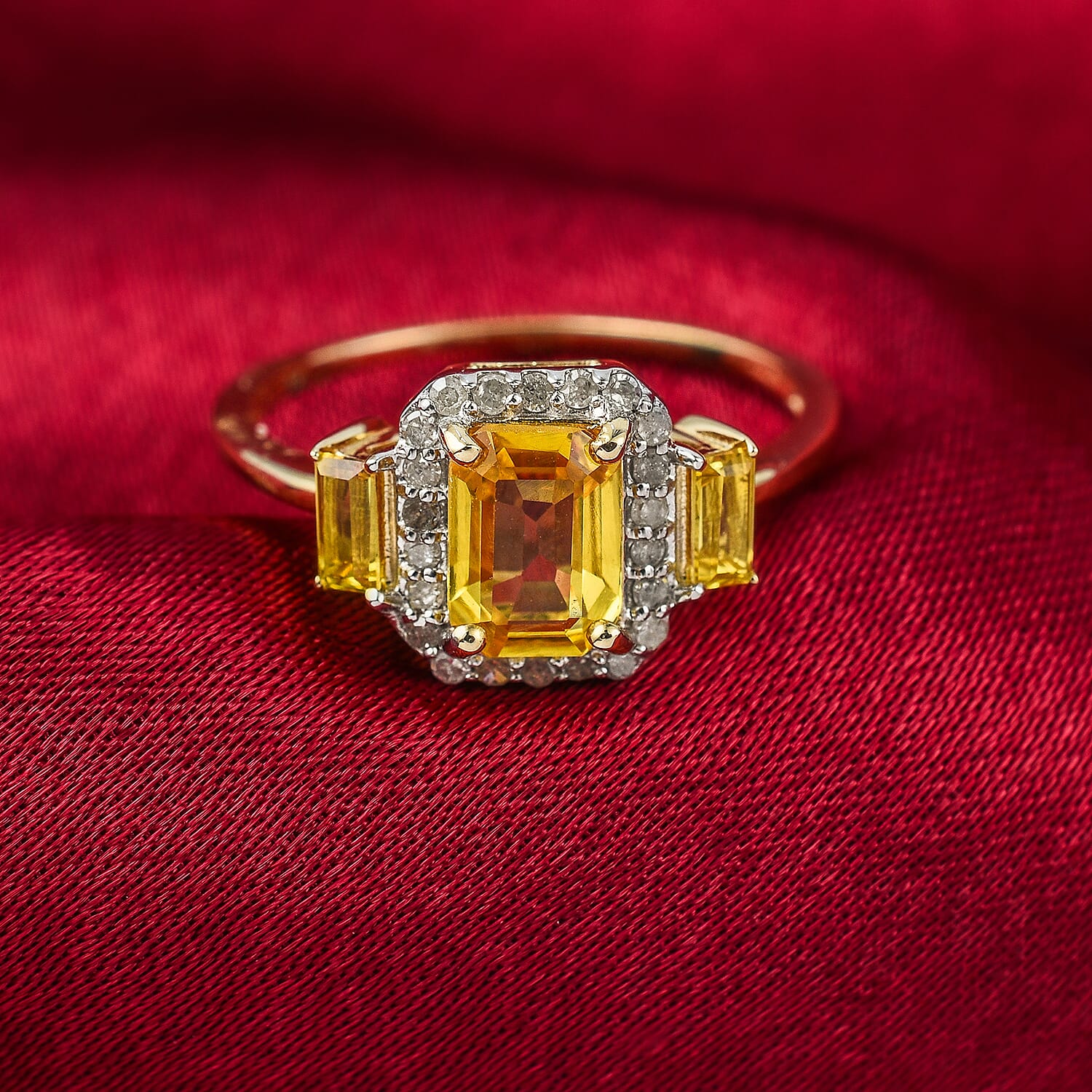 9K Yellow Gold AAA Songea Yellow Sapphire & Diamond Ring 1.56 Ct