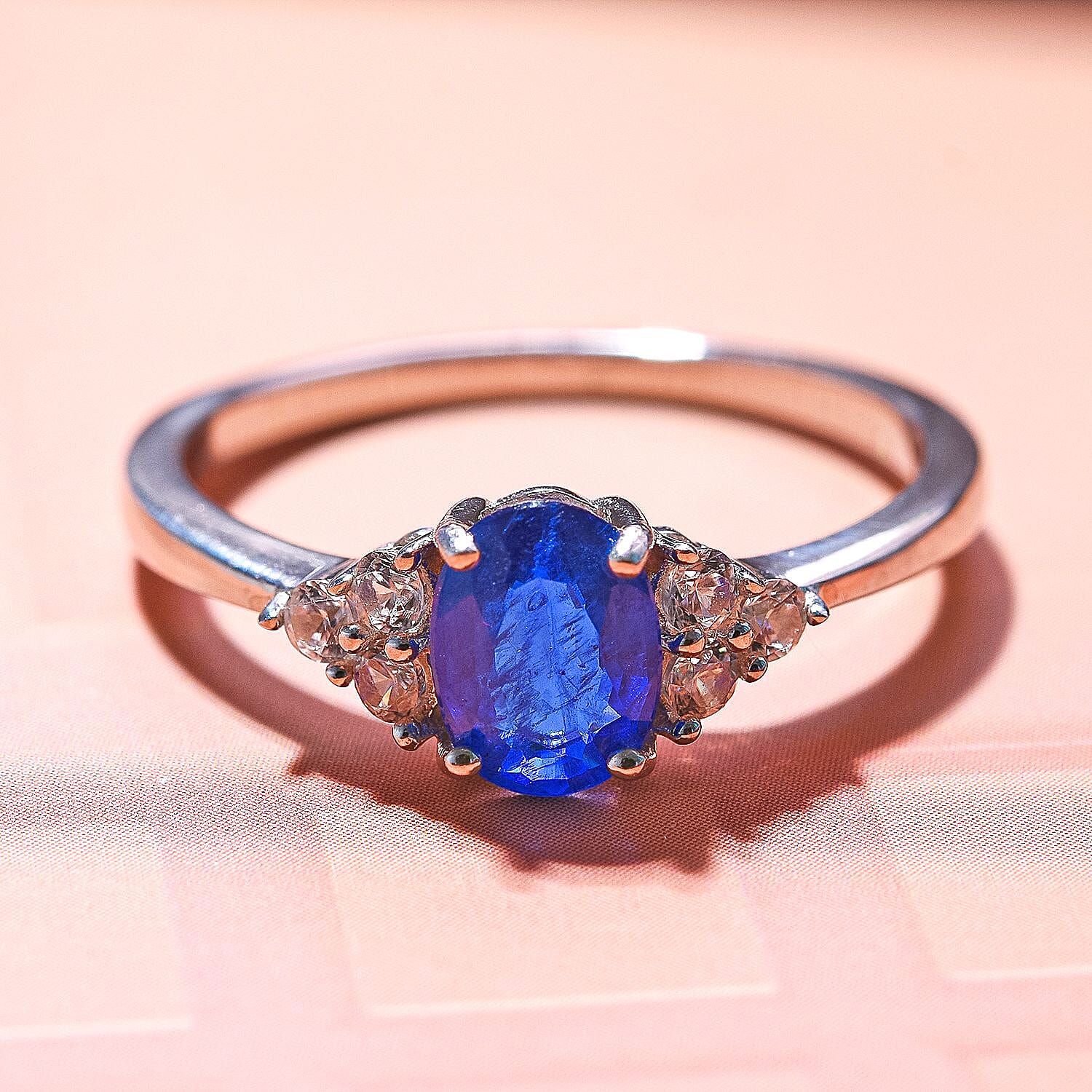 Tanzanian Blue Spinel & Natural Zircon Ring in Rhodium Overlay Sterling Silver 1.24 Ct.