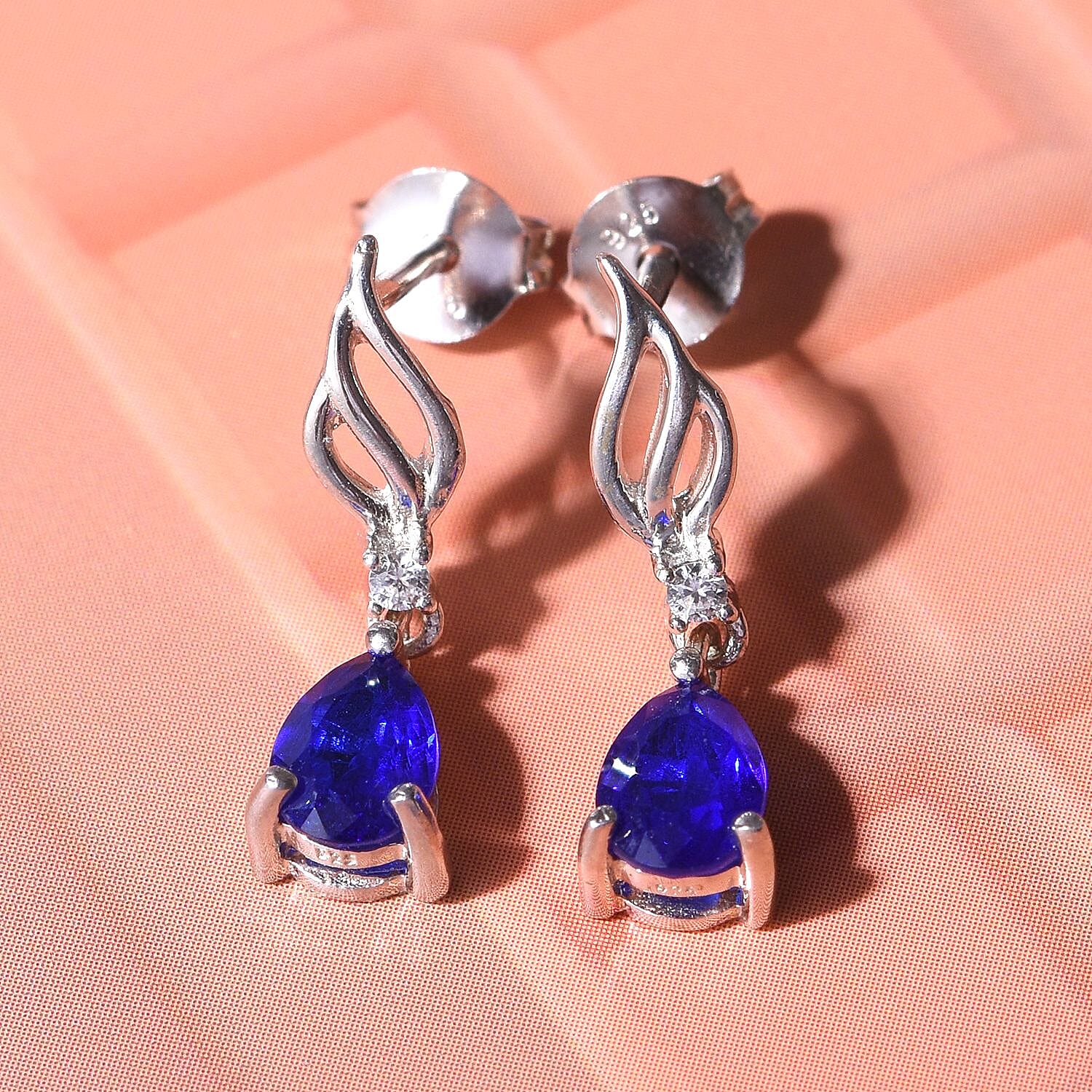 Tanzanian Blue Spinel & Natural Zircon Dangle Earrings With Push Back in Rhodium Overlay Sterling Silver 0.96 Ct.