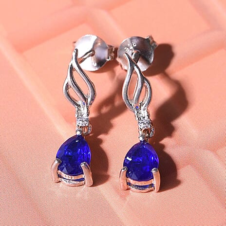 Tanzanian Blue Spinel & Natural Zircon Dangle Earrings With Push Back in Rhodium Overlay Sterling Silver