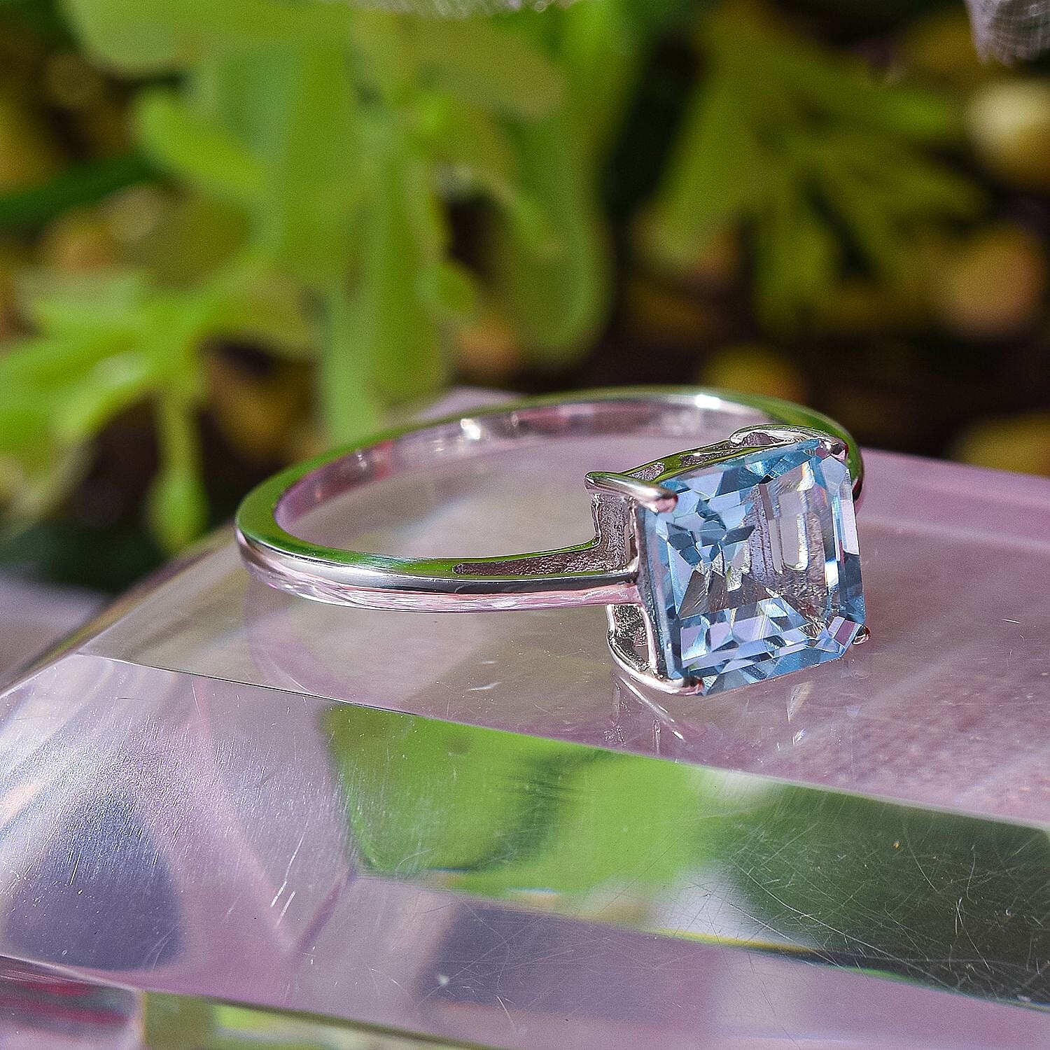 Skyblue Topaz (Asscher Cut) Solitaire Ring in Rhodium Overlay Sterling Silver 2.27 Ct.