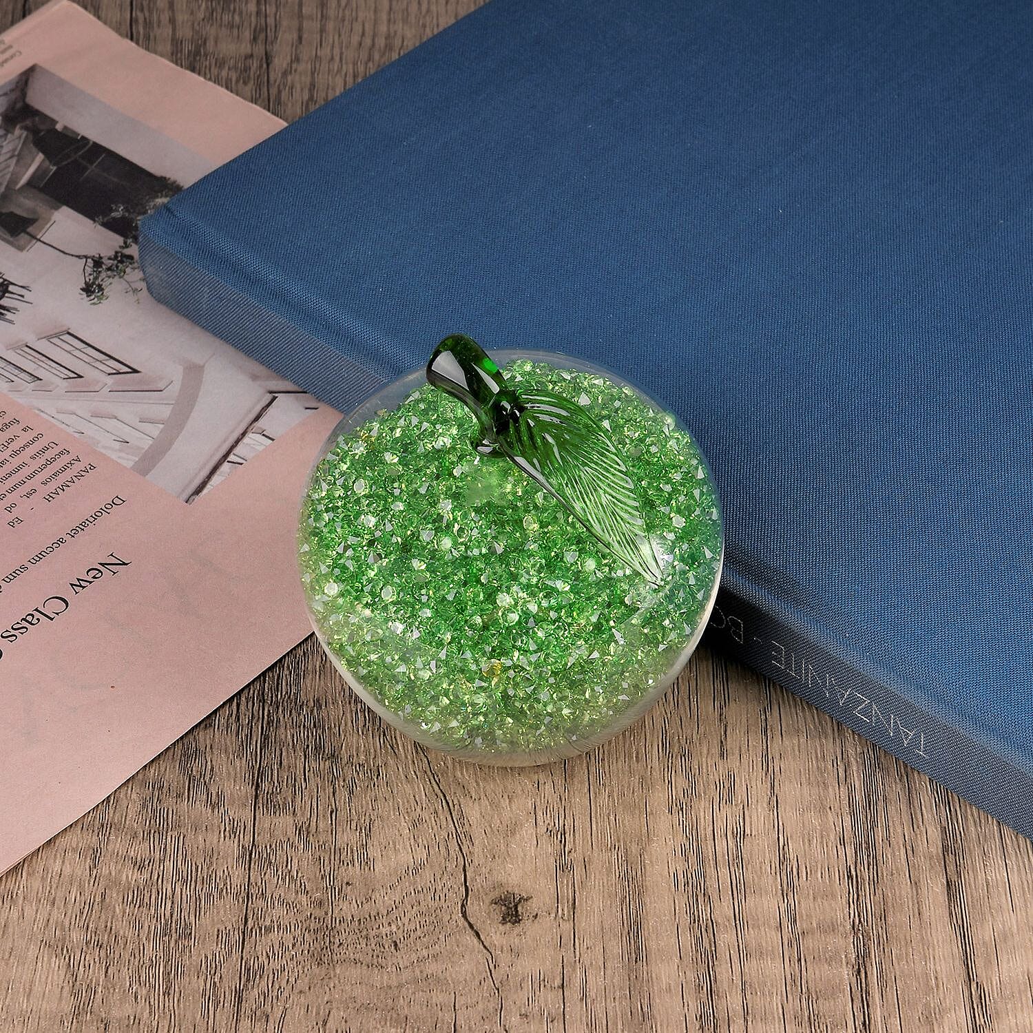 Glass Ornament Bling Diamond Crystal Filled Apple Shape - Green