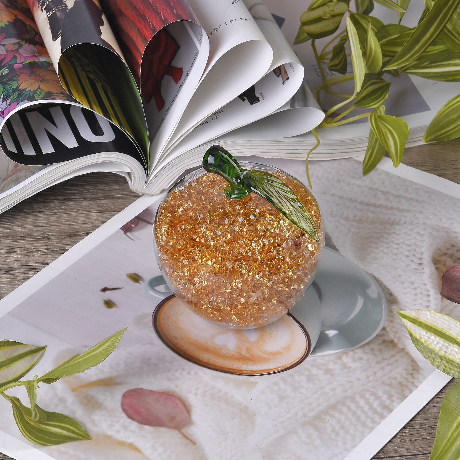 Glass Ornament Bling Diamond Crystal Filled Apple Shape - Orange