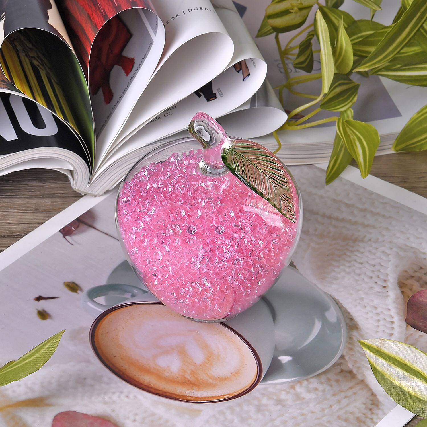 Glass Ornament Bling Diamond Crystal Filled Apple Shape - Pink