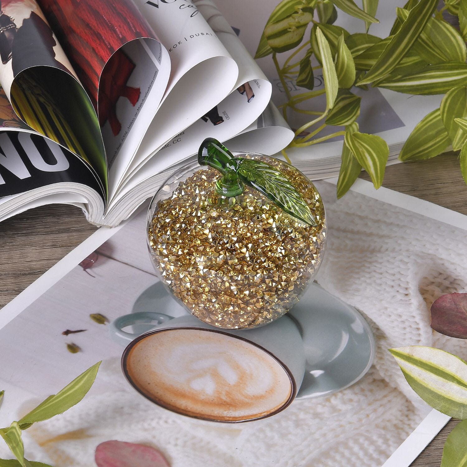 Glass Ornament Bling Diamond Crystal Filled Apple Shape - Gold