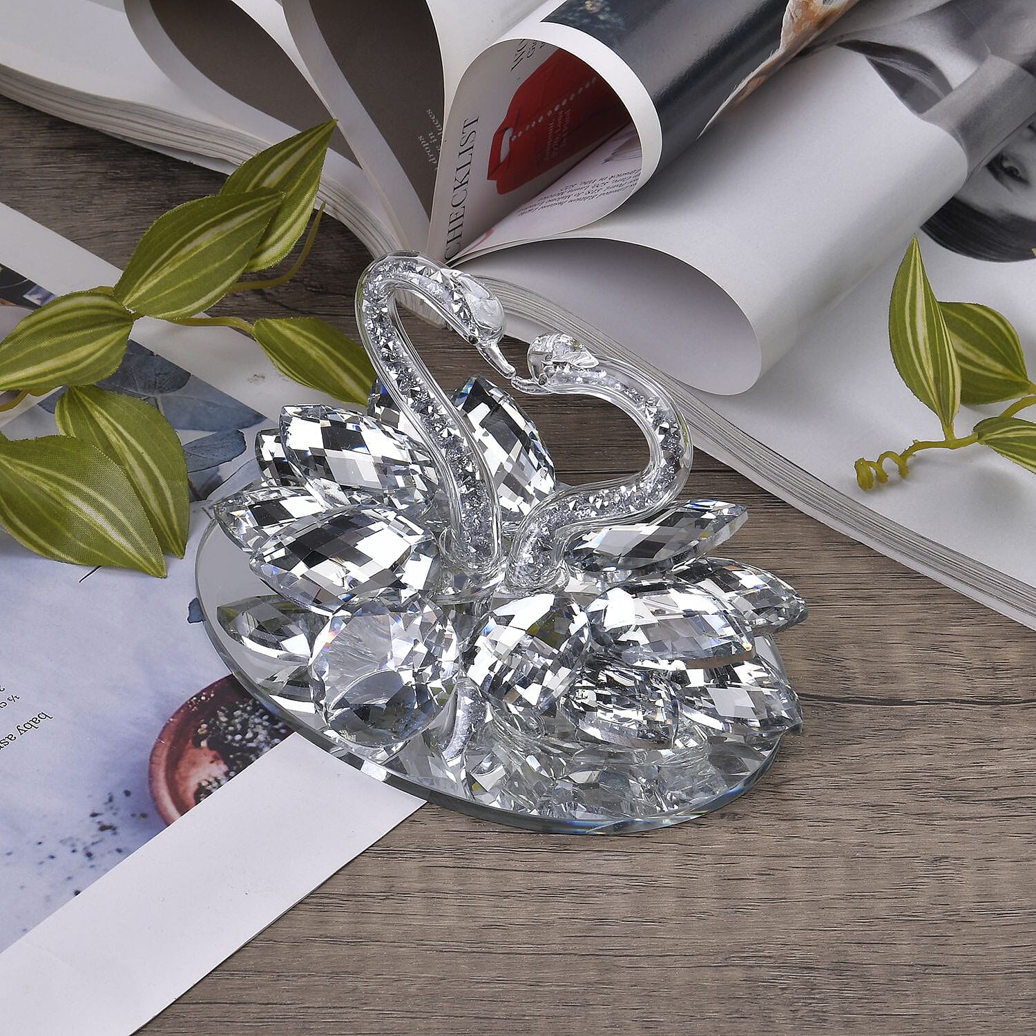 Shiny Crystal Two-Headed Swan Figurine for Home Decoration Beautiful Crafts (Size 14x6 cm) - Silver