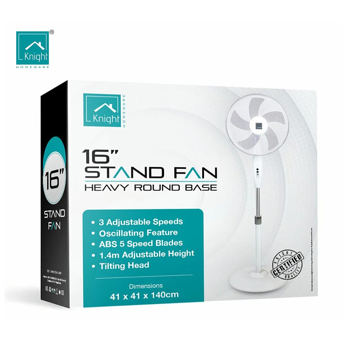 KNIGHT 16 Inch Stand Fan with 3 Adjustable Speeds and Heavy Round Base - White