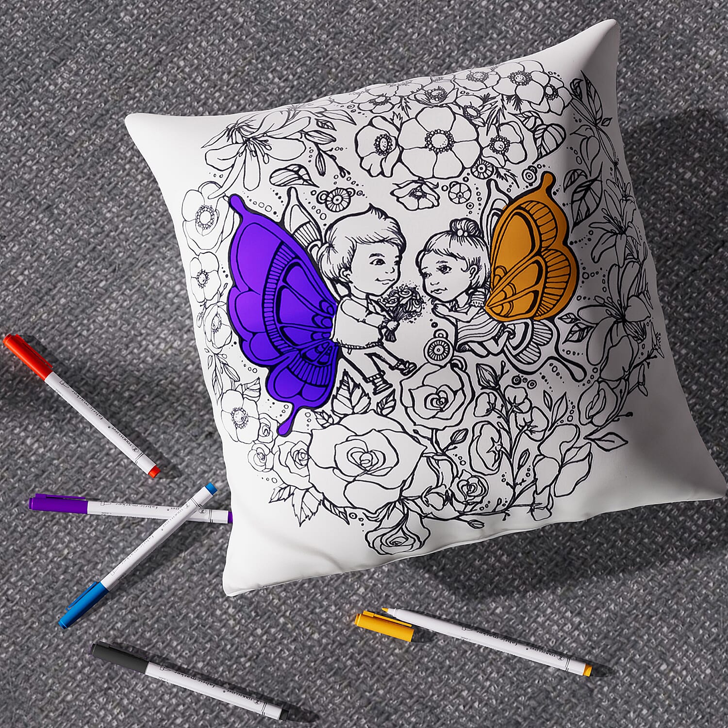 Set of 2 - DIY Grafitti Colouring Pillow Cover with 8 Water Colour Pens (Size 44 Cm)