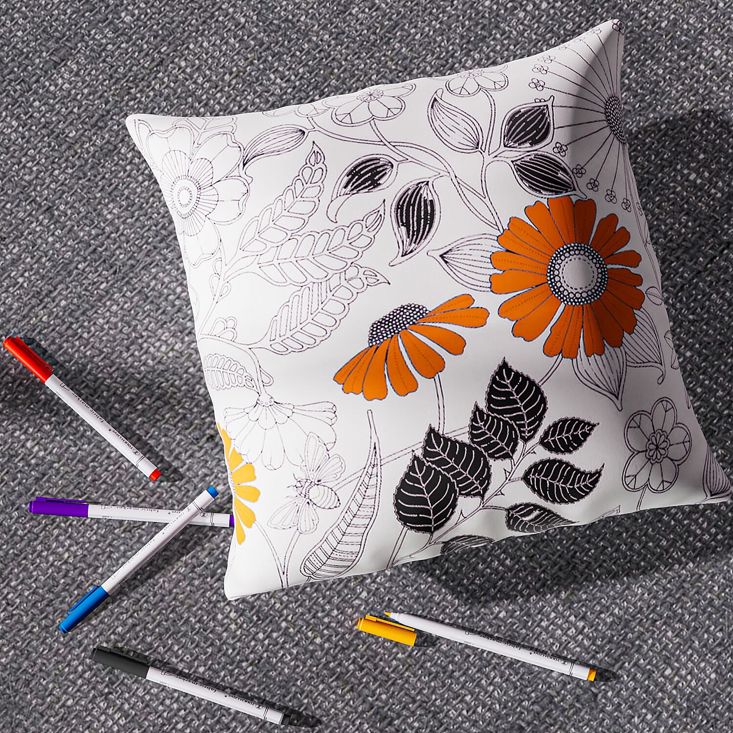 Set of 2 - DIY Grafitti Colouring Pillow Cover with 8 Water Colour Pens (Size 44 Cm)