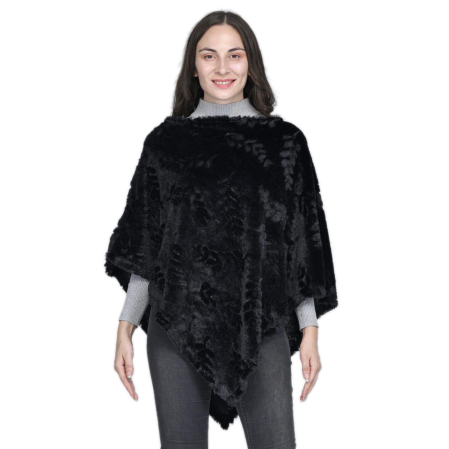 Faux Fur Leaves Pattern Poncho - Black