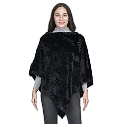 Faux Fur Leaves Pattern Poncho - Black