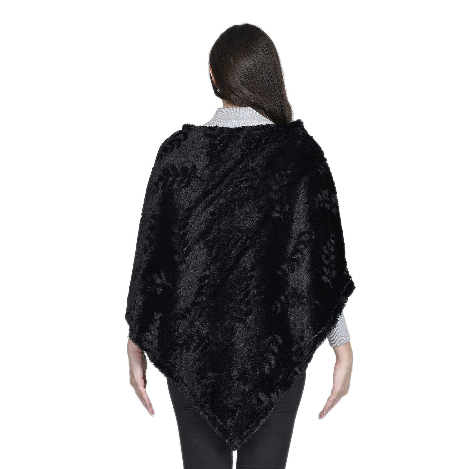 Faux Fur Leaves Pattern Poncho - Black