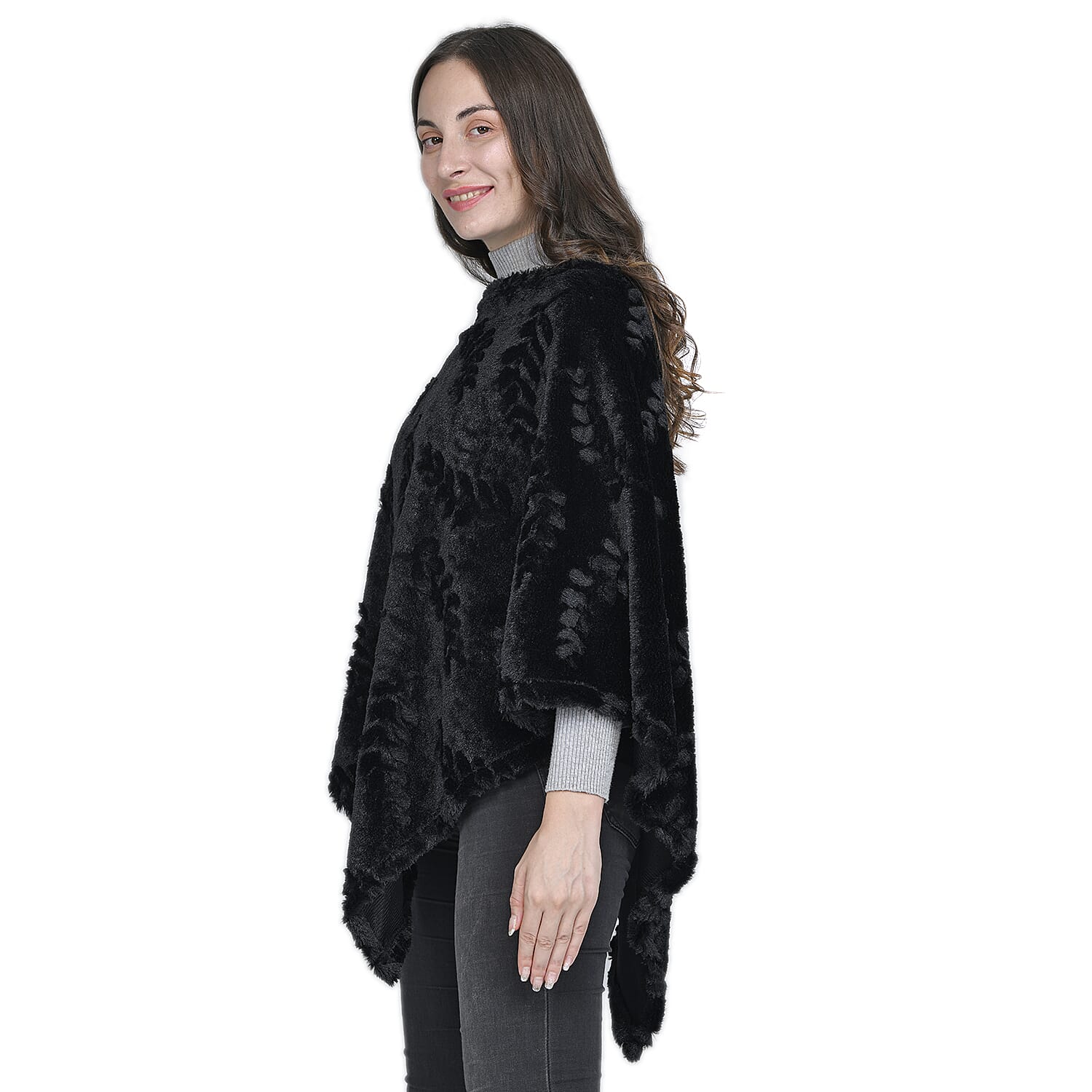 Faux Fur Leaves Pattern Poncho - Black