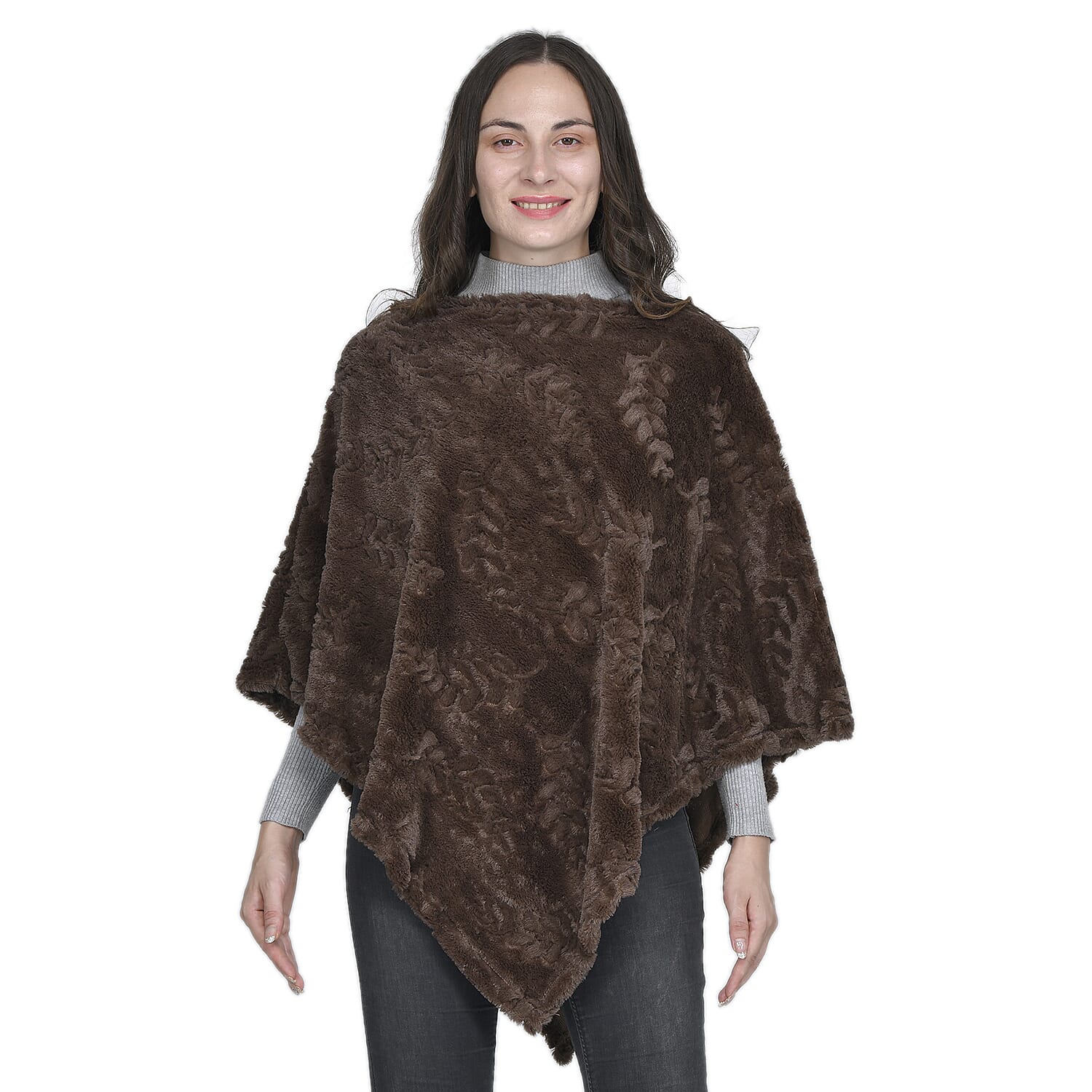 Faux Fur Leaves Pattern Poncho (Size 130x85 Cm) - Chocolate Brown