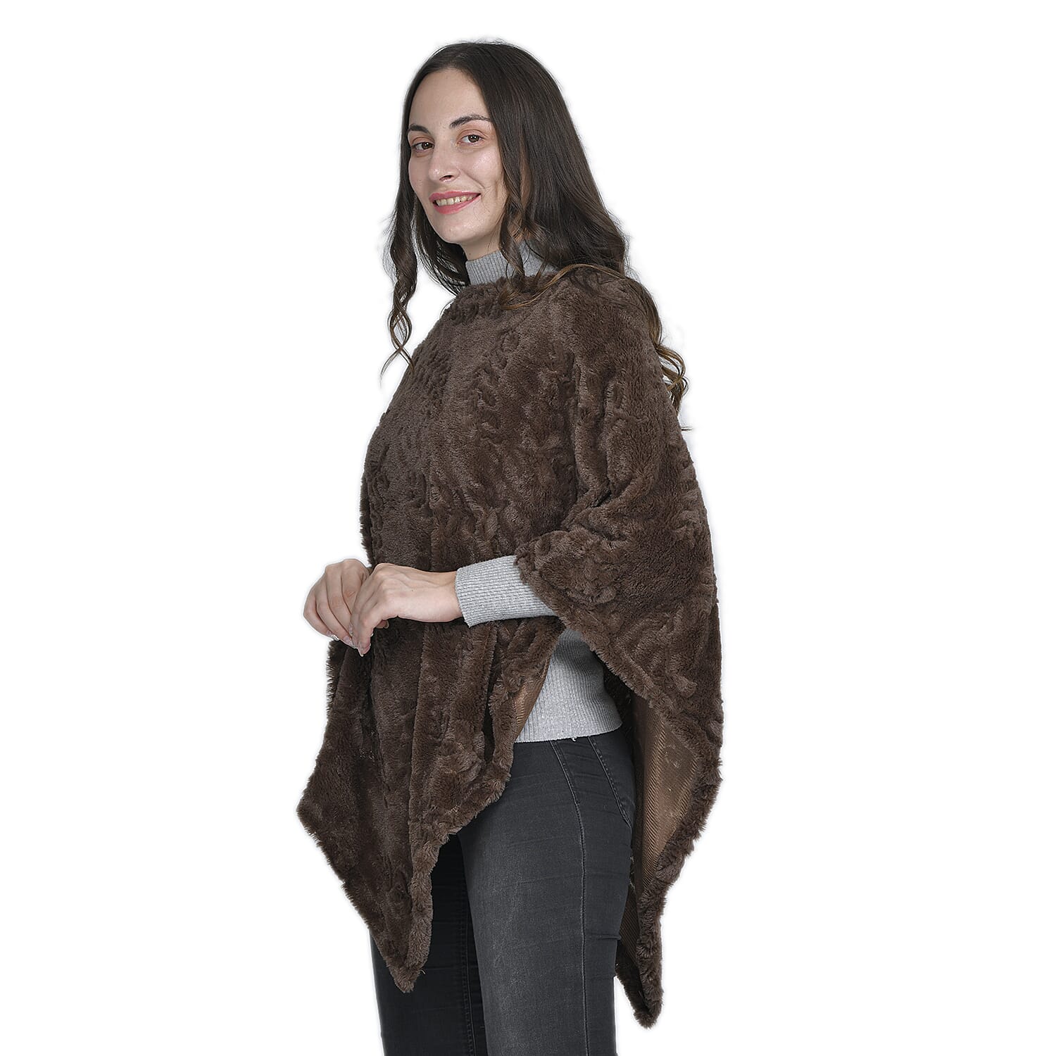 Faux Fur Leaves Pattern Poncho (Size 130x85 Cm) - Chocolate Brown