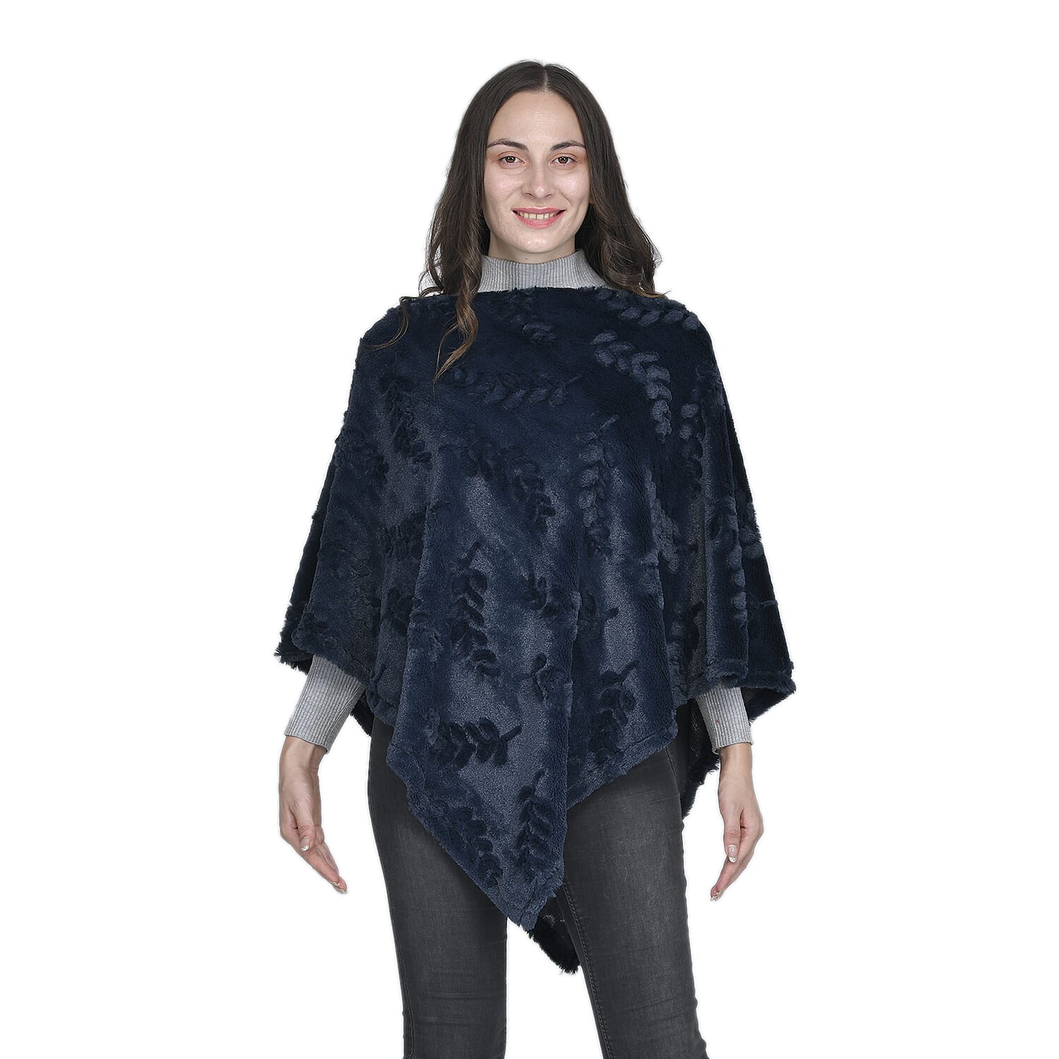 Faux Fur Leaves Pattern Poncho - Navy - 7593105 - TJC