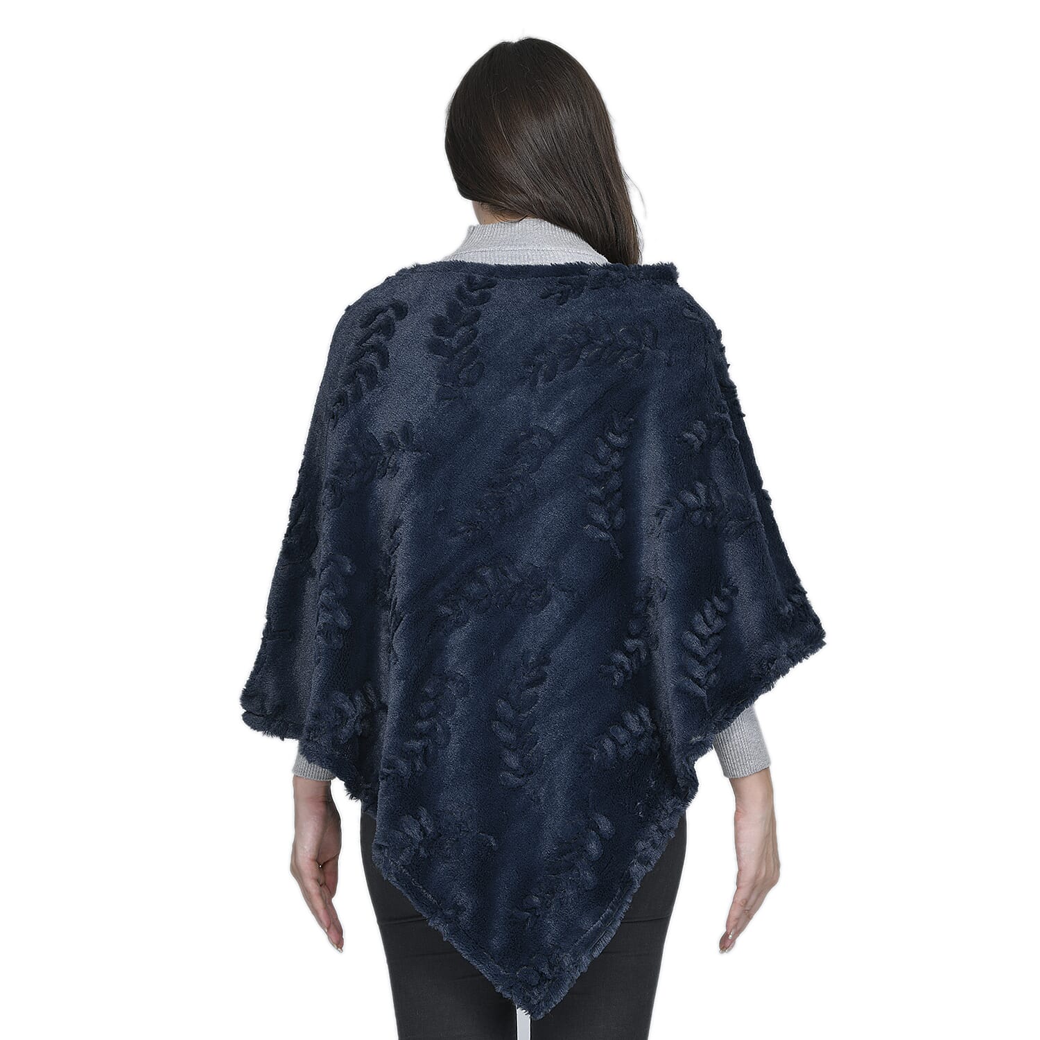 Faux Fur Leaves Pattern Poncho (Size 130x85 Cm) - Navy