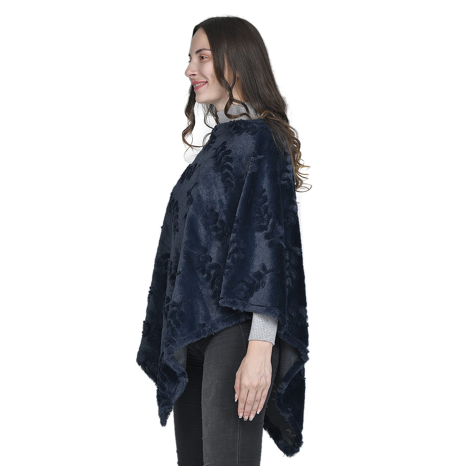 Faux Fur Leaves Pattern Poncho (Size 130x85 Cm) - Navy