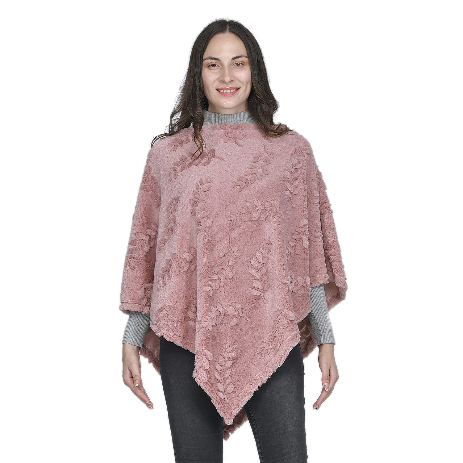 Faux Fur Leaves Pattern Poncho (Size 130x85 Cm) - Blush Pink