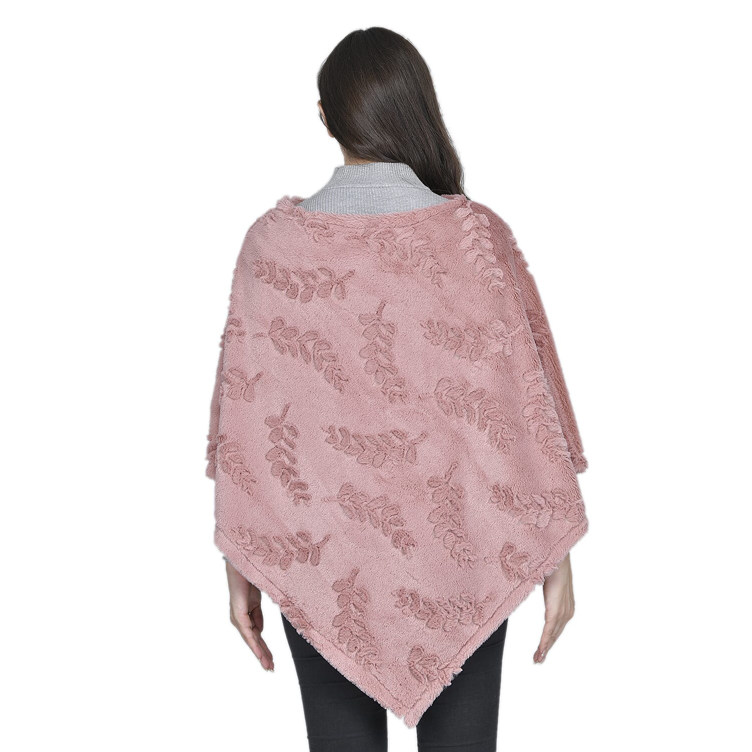 Faux Fur Leaves Pattern Poncho (Size 130x85 Cm) - Blush Pink