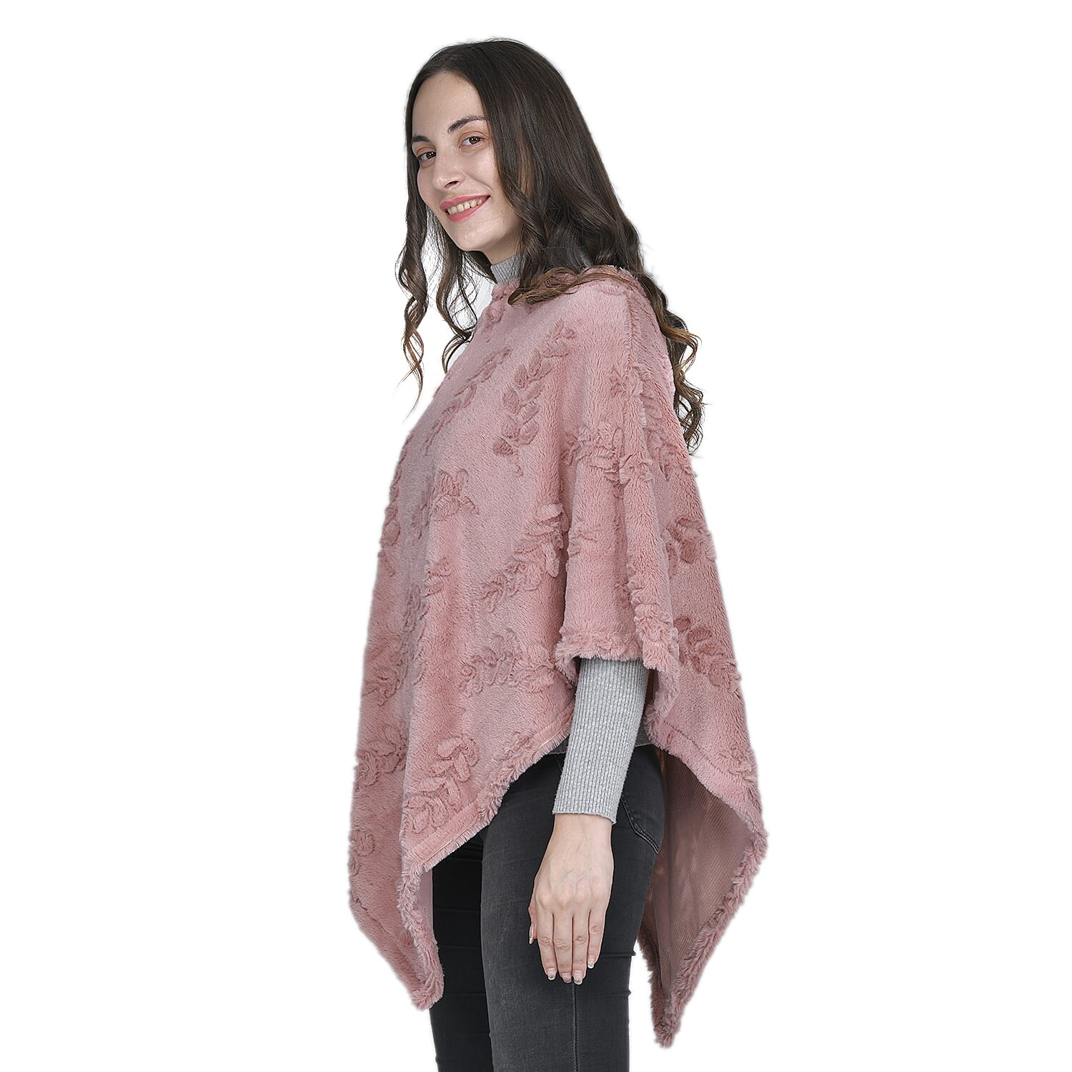 Faux Fur Leaves Pattern Poncho (Size 130x85 Cm) - Blush Pink