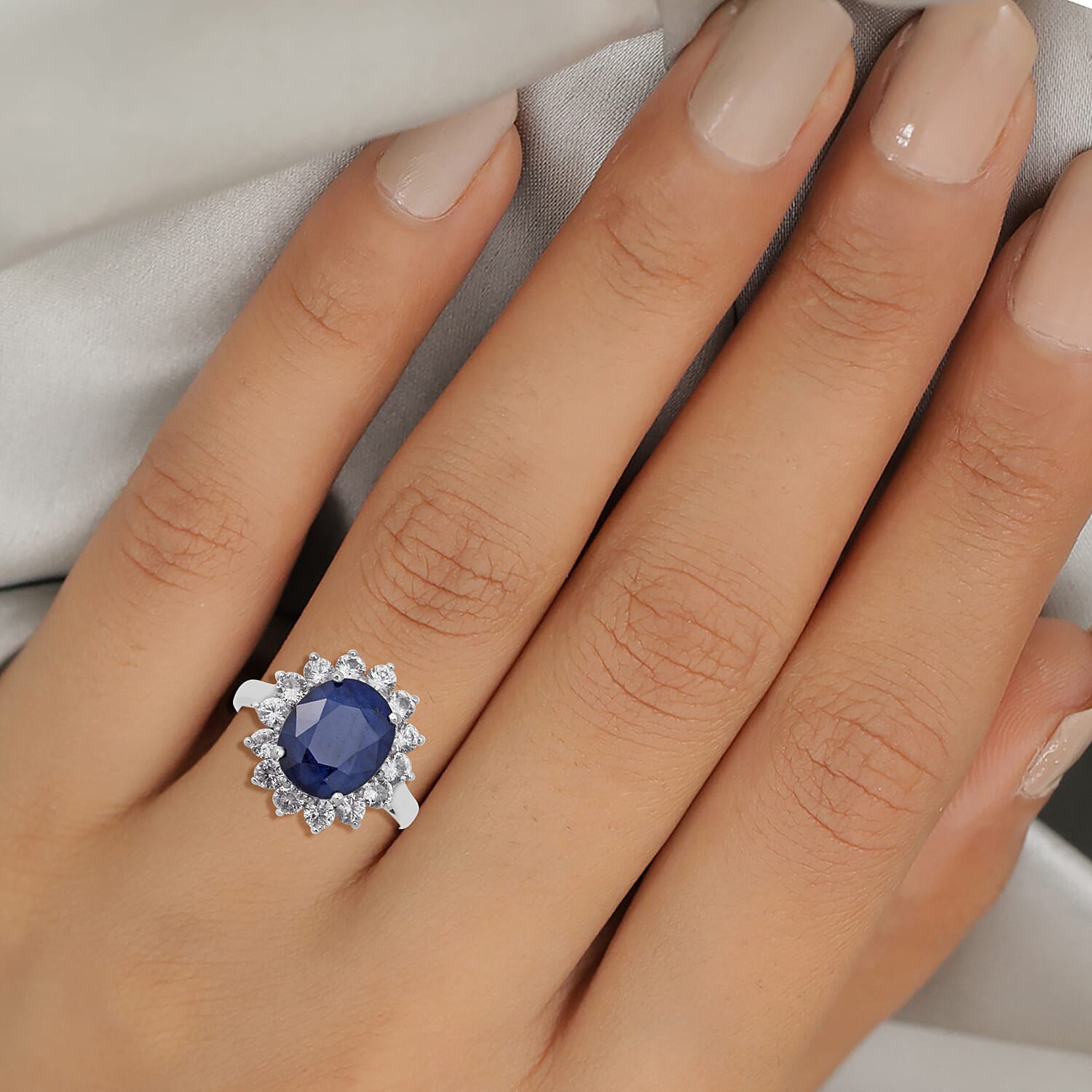 Blue Sapphire and Natural Cambodian Zircon Ring in Rhodium Overlay Sterling Silver 7.72 Ct.