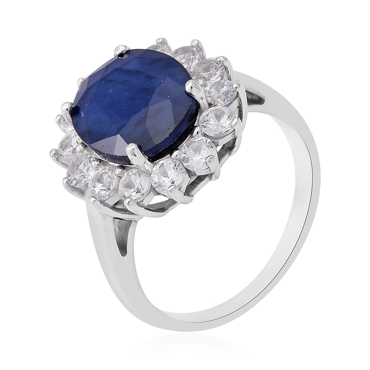 Blue Sapphire and Natural Cambodian Zircon Ring in Rhodium Overlay Sterling Silver 7.72 Ct.