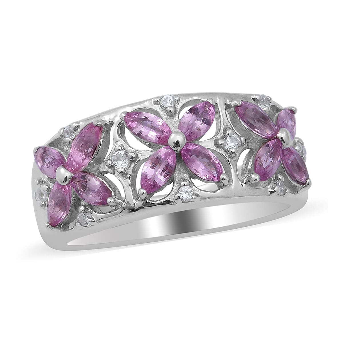 Pink Sapphire and Natural Cambodian Zircon Floral Ring in Rhodium Overlay Sterling Silver 1.37 Ct.