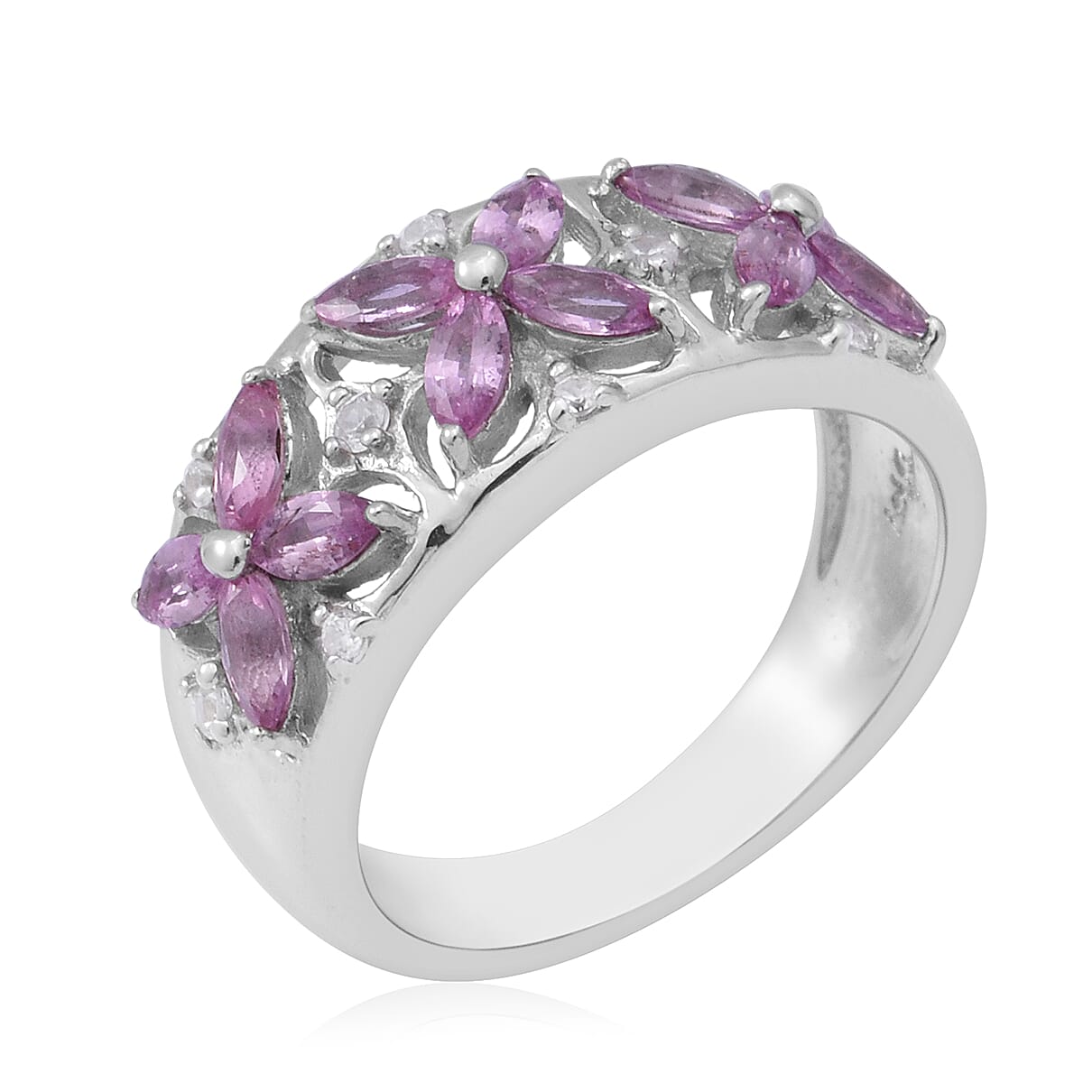 Pink Sapphire and Natural Cambodian Zircon Floral Ring in Rhodium Overlay Sterling Silver 1.37 Ct.