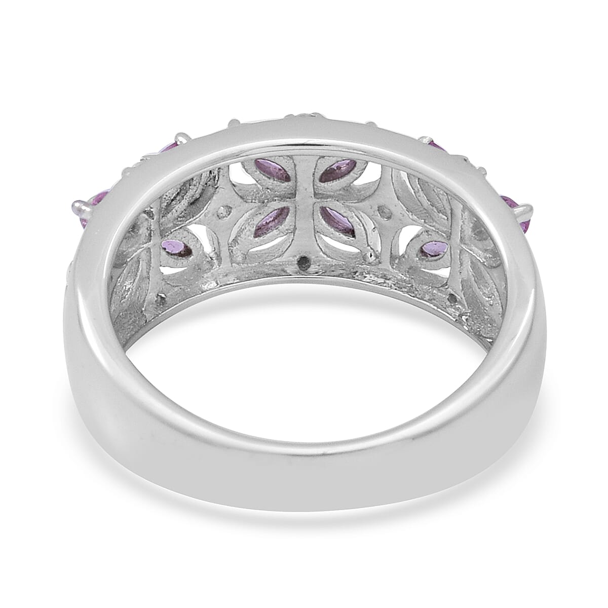 Pink Sapphire and Natural Cambodian Zircon Floral Ring in Rhodium Overlay Sterling Silver 1.37 Ct.