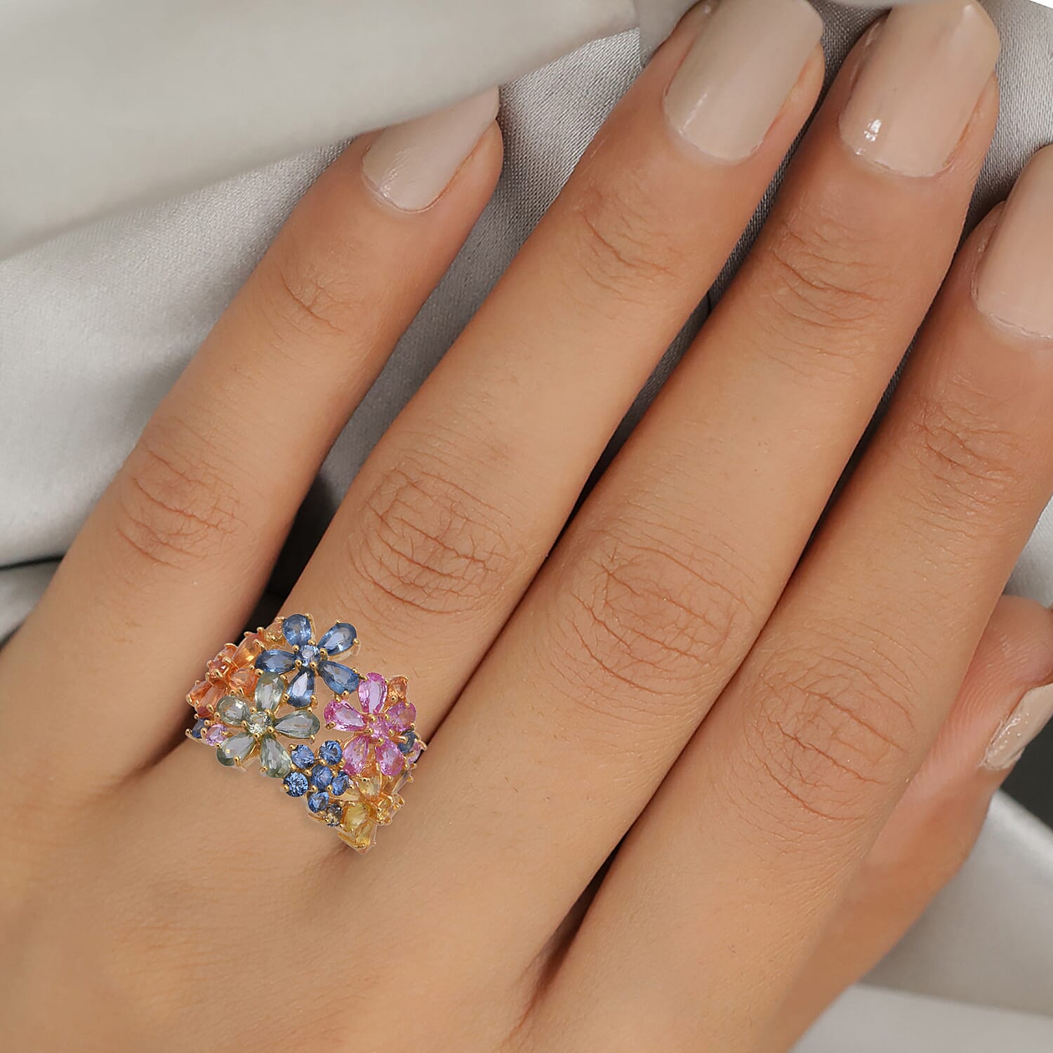 Rainbow Sapphire Ring in Gold Overlay Sterling Silver 7.51 Ct.