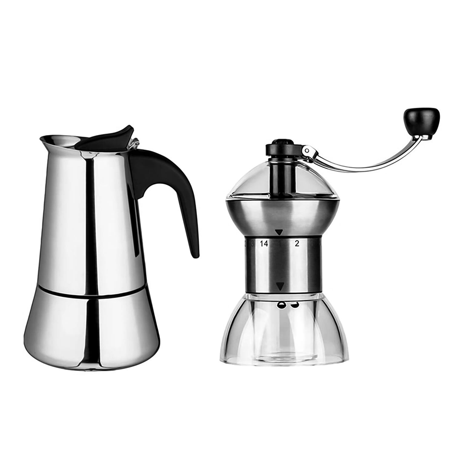 2 Piece Set - Espresso Maker 9 Cup and Adjustable Grinder