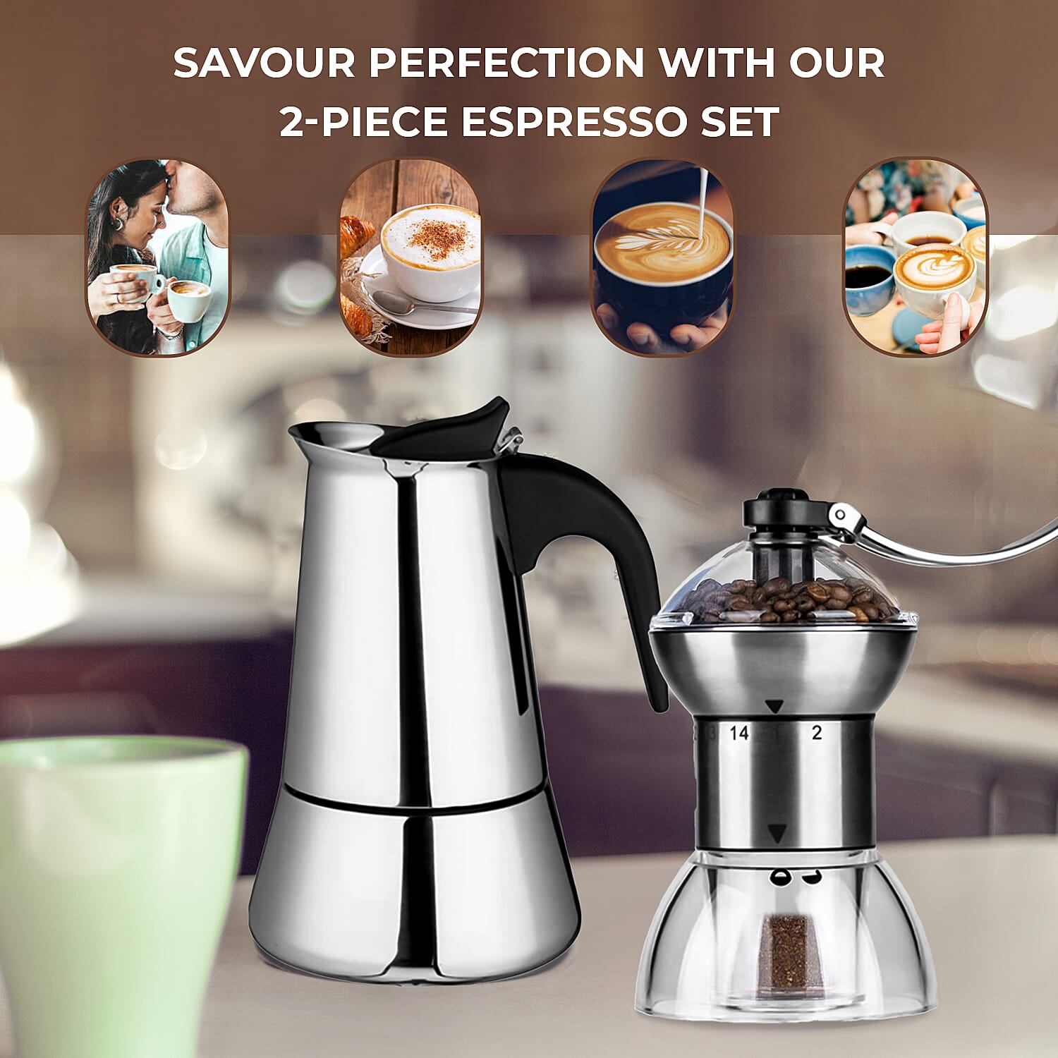 2 Piece Set - Espresso Maker 9 Cup and Adjustable Grinder