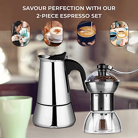 2 Piece Set - Espresso Maker 9 Cup and Adjustable Grinder