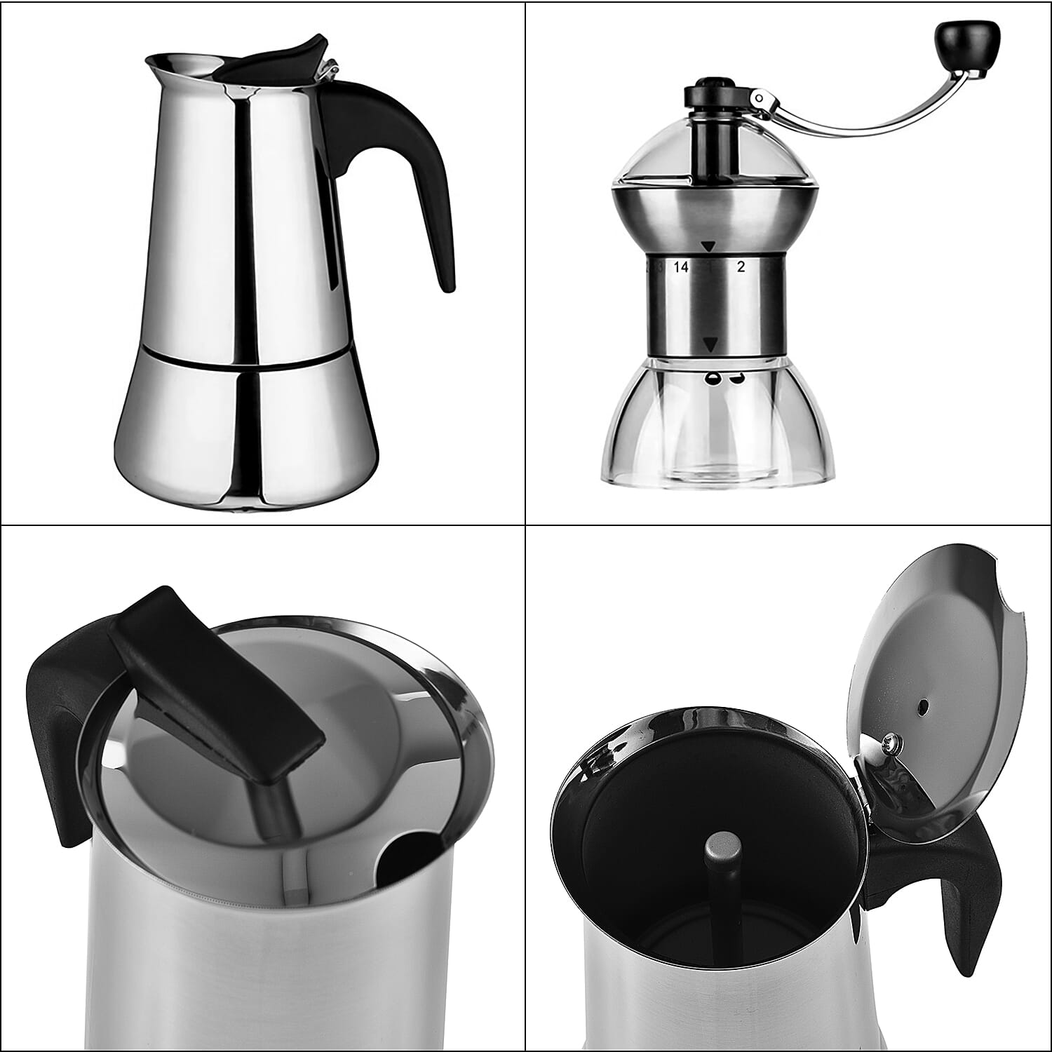 2 Piece Set - Espresso Maker 9 Cup and Adjustable Grinder