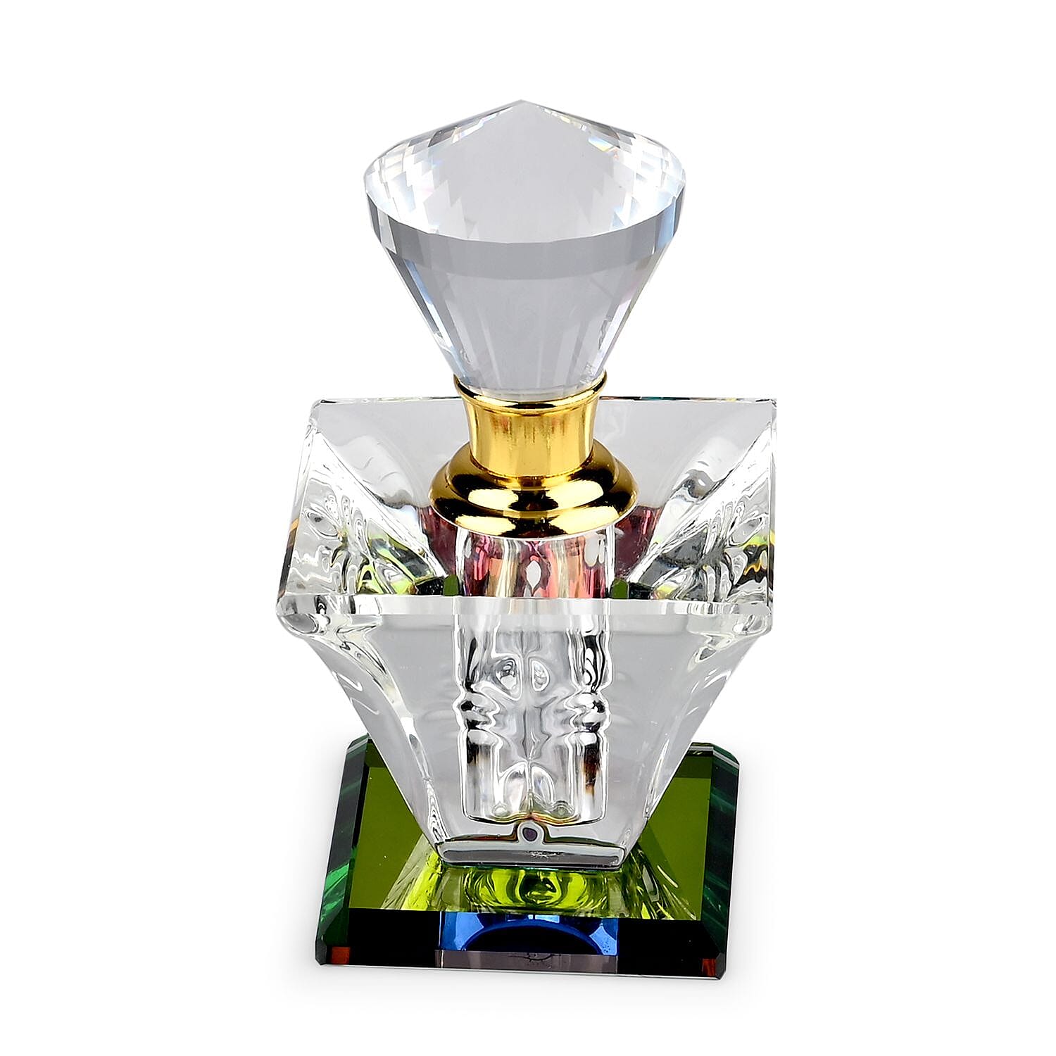 Square Shape Carved Crystal Refillable Bottle with Colourful Base (Size 10.50 cm)