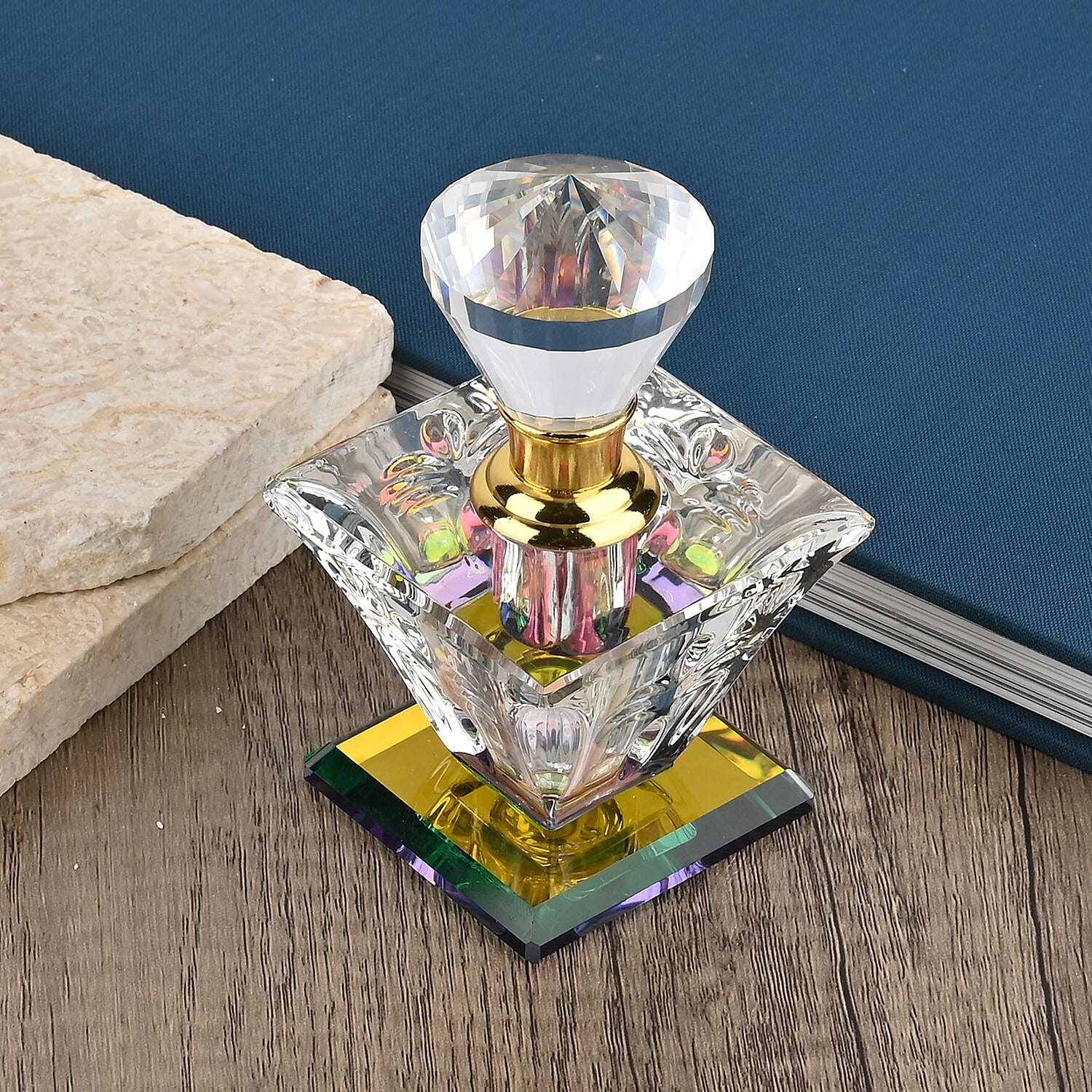 Square Shape Carved Crystal Refillable Bottle with Colourful Base (Size 10.50 cm)