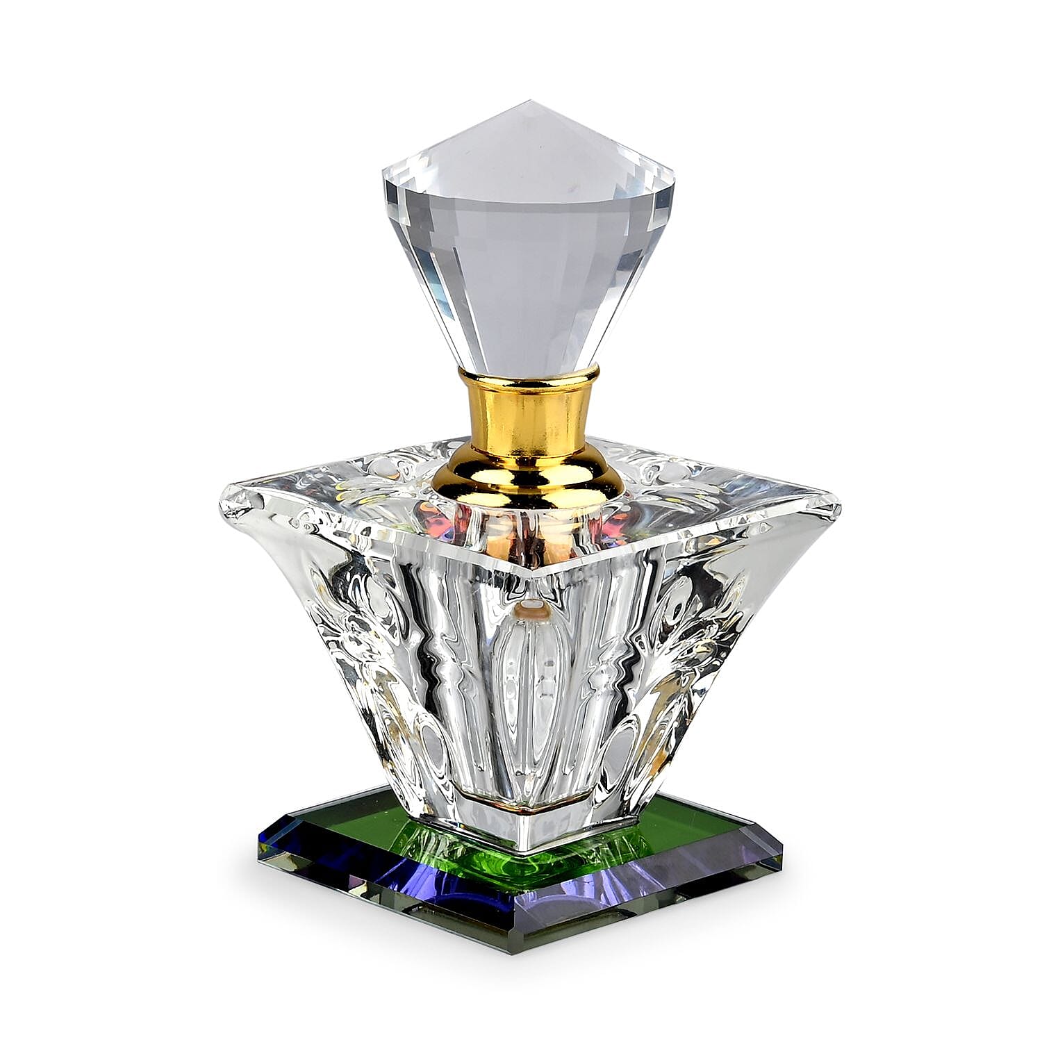 Square Shape Carved Crystal Refillable Bottle with Colourful Base (Size 10.50 cm)