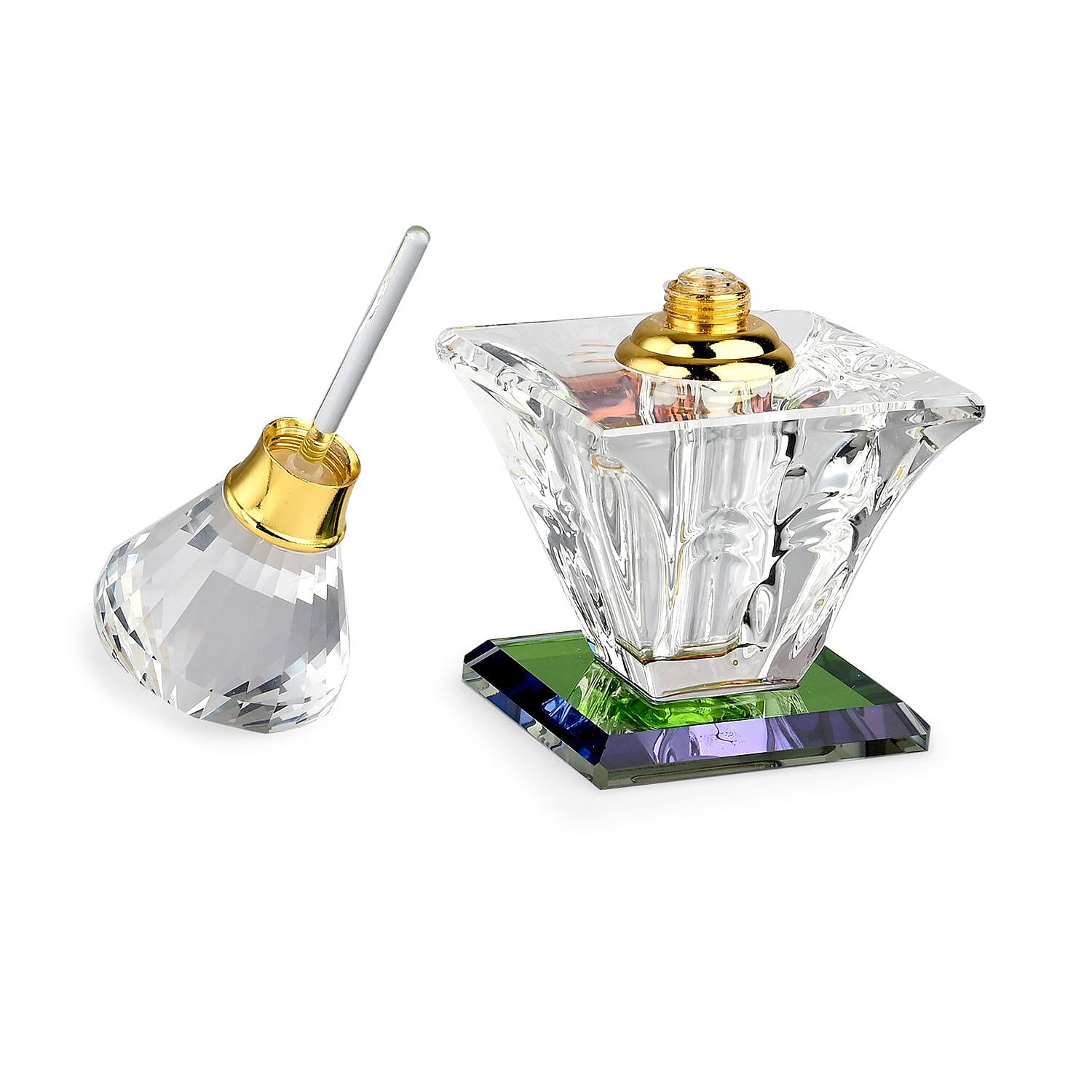 Square Shape Carved Crystal Refillable Bottle with Colourful Base (Size 10.50 cm)