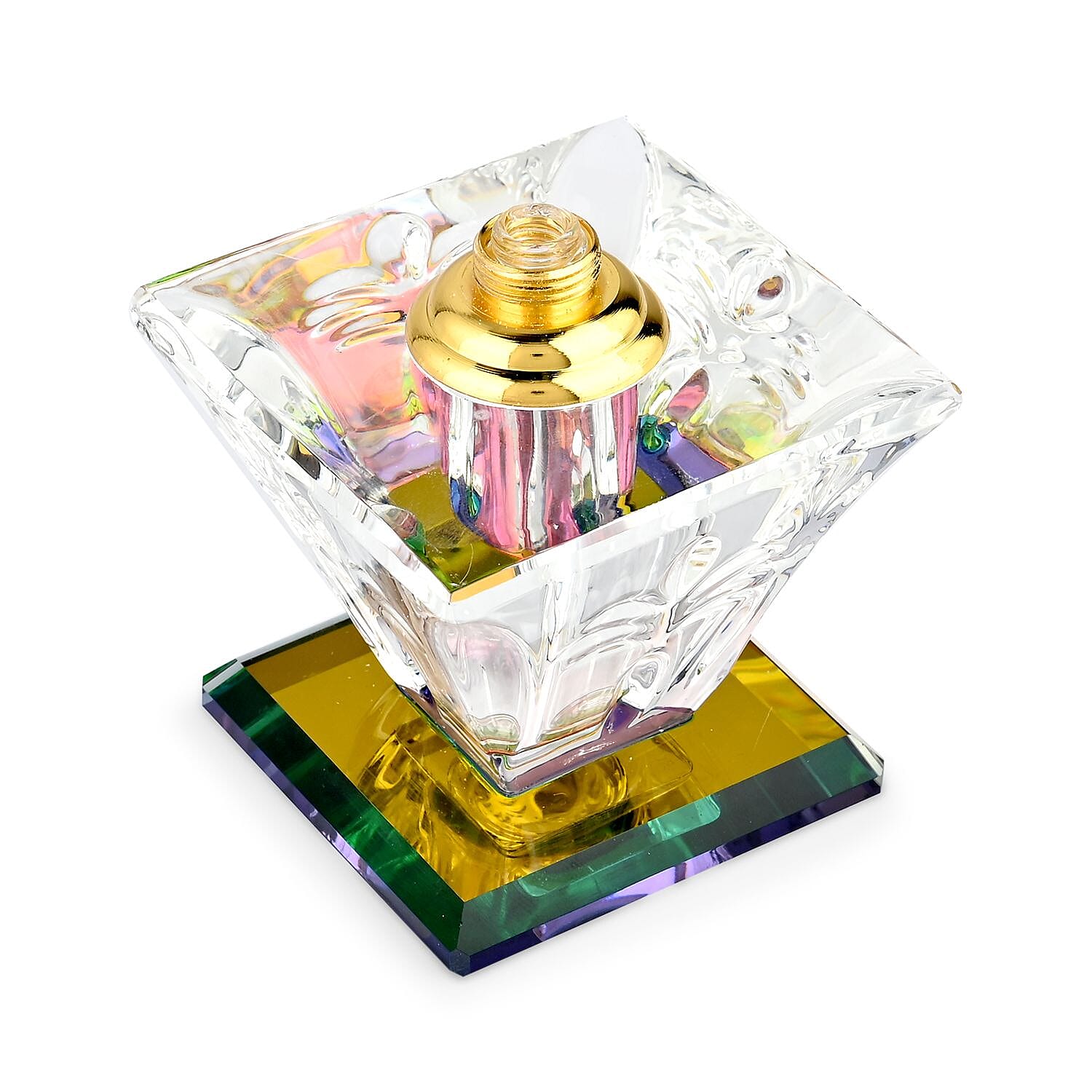 Square Shape Carved Crystal Refillable Bottle with Colourful Base (Size 10.50 cm)