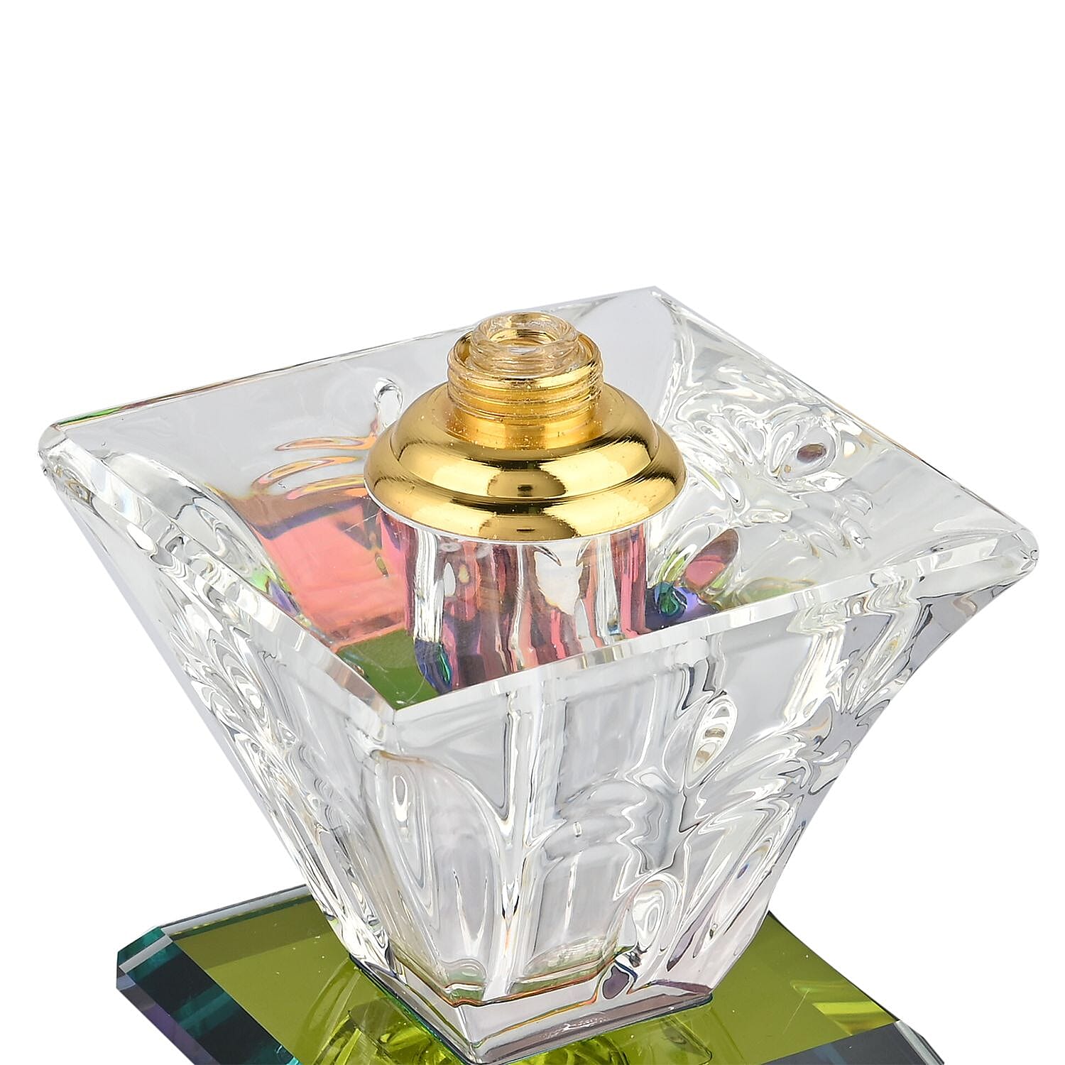 Square Shape Carved Crystal Refillable Bottle with Colourful Base (Size 10.50 cm)