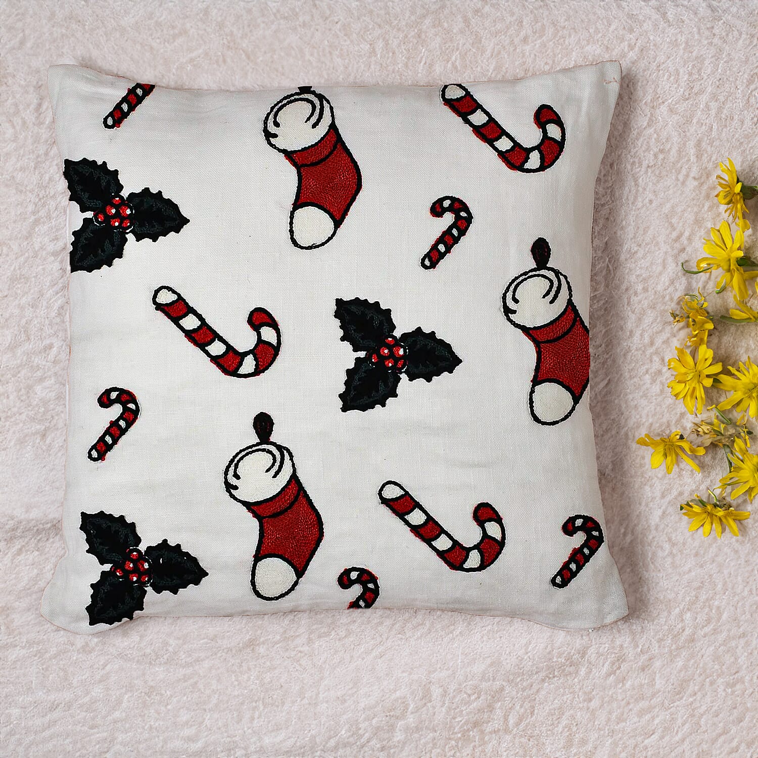 100% Cotton Towel Embroidery Soft Cushion Cover with Stocking Pattern (45x45cm)