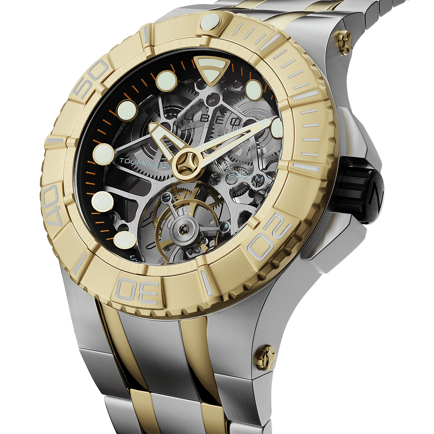 Nubeo Manta Tourbillon Movement Two Tone Dial 20 ATM Water Resistant Watch with Stainless Steeel Bracelet