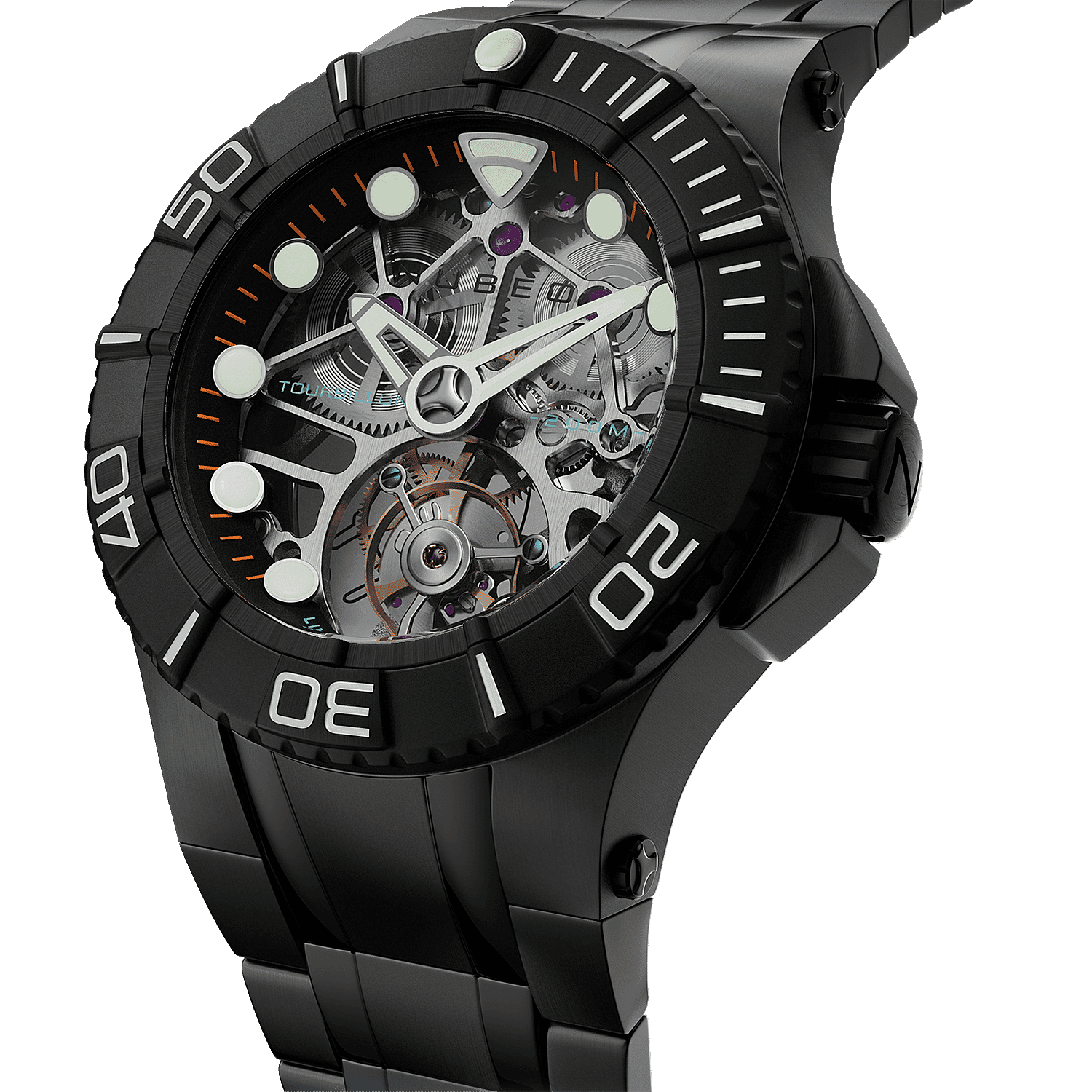 Nubeo Manta Tourbillon Movement Black Dial 20 ATM Water Resistant Watch with Stainless Steeel Bracelet