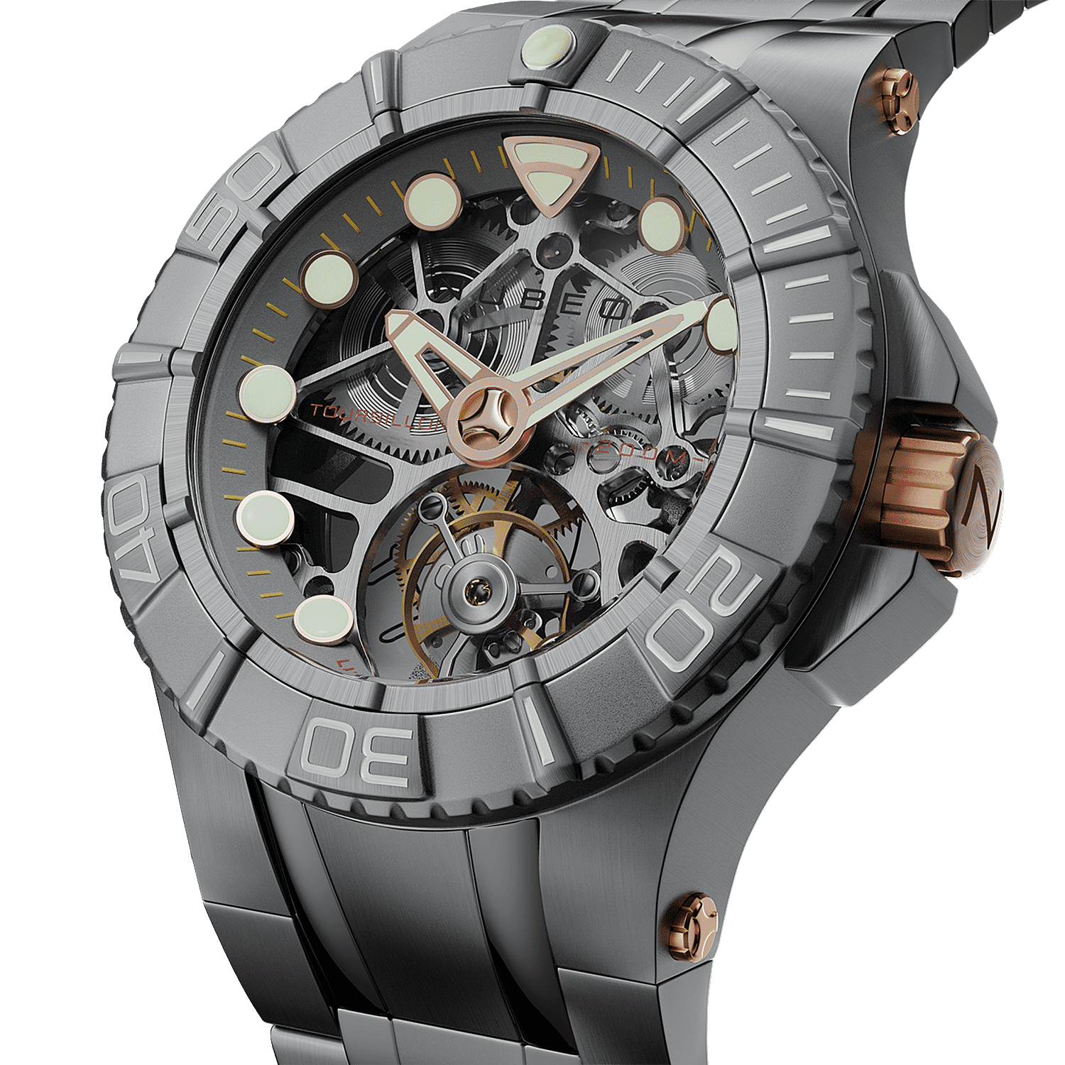 Nubeo Manta Tourbillon Movement Grey Dial 20 ATM Water Resistant Watch with Stainless Steeel Bracelet