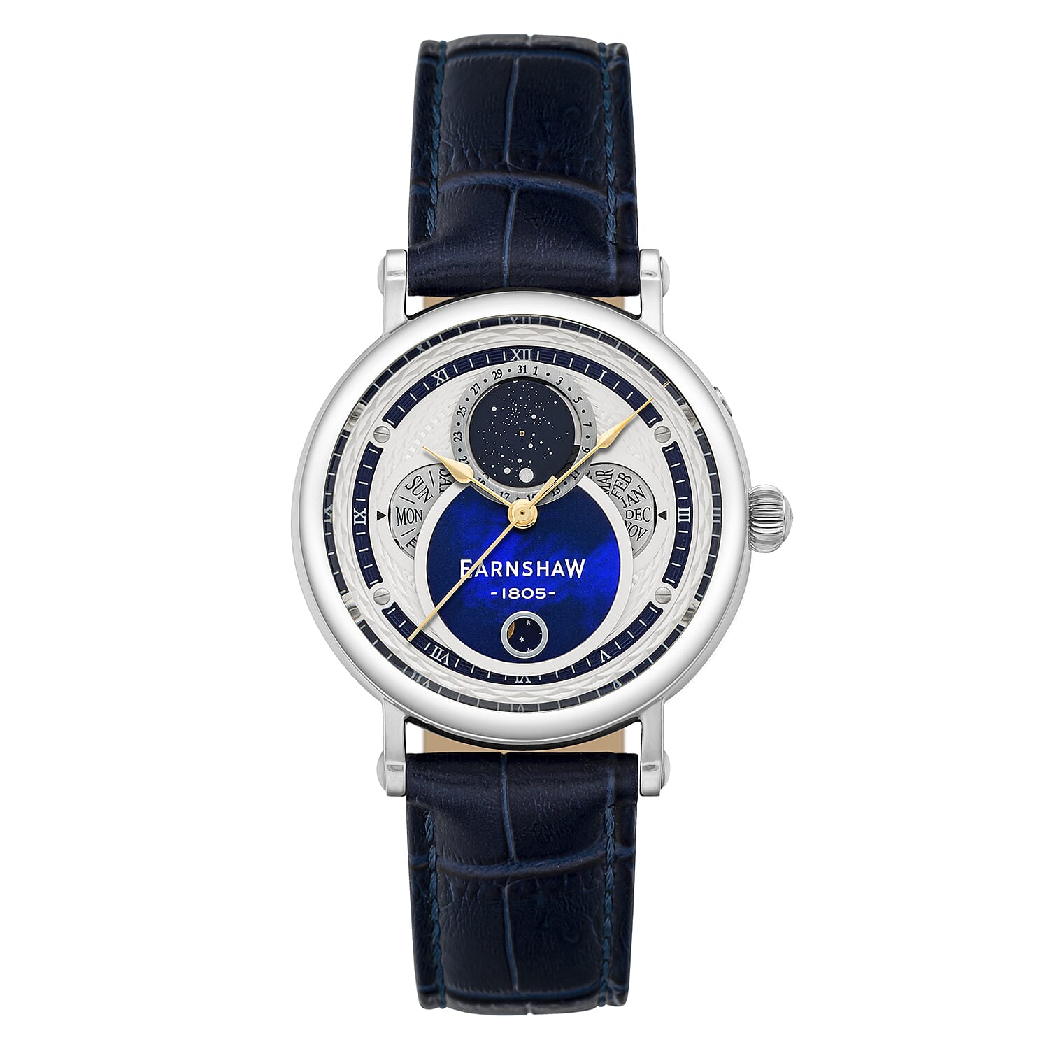 Thomas Earnshaw Messier Moonphase Calendar Mens Japanese Quartz Movement Silver Case 5 ATM Water Resistant Watch with Blue Leather Strap